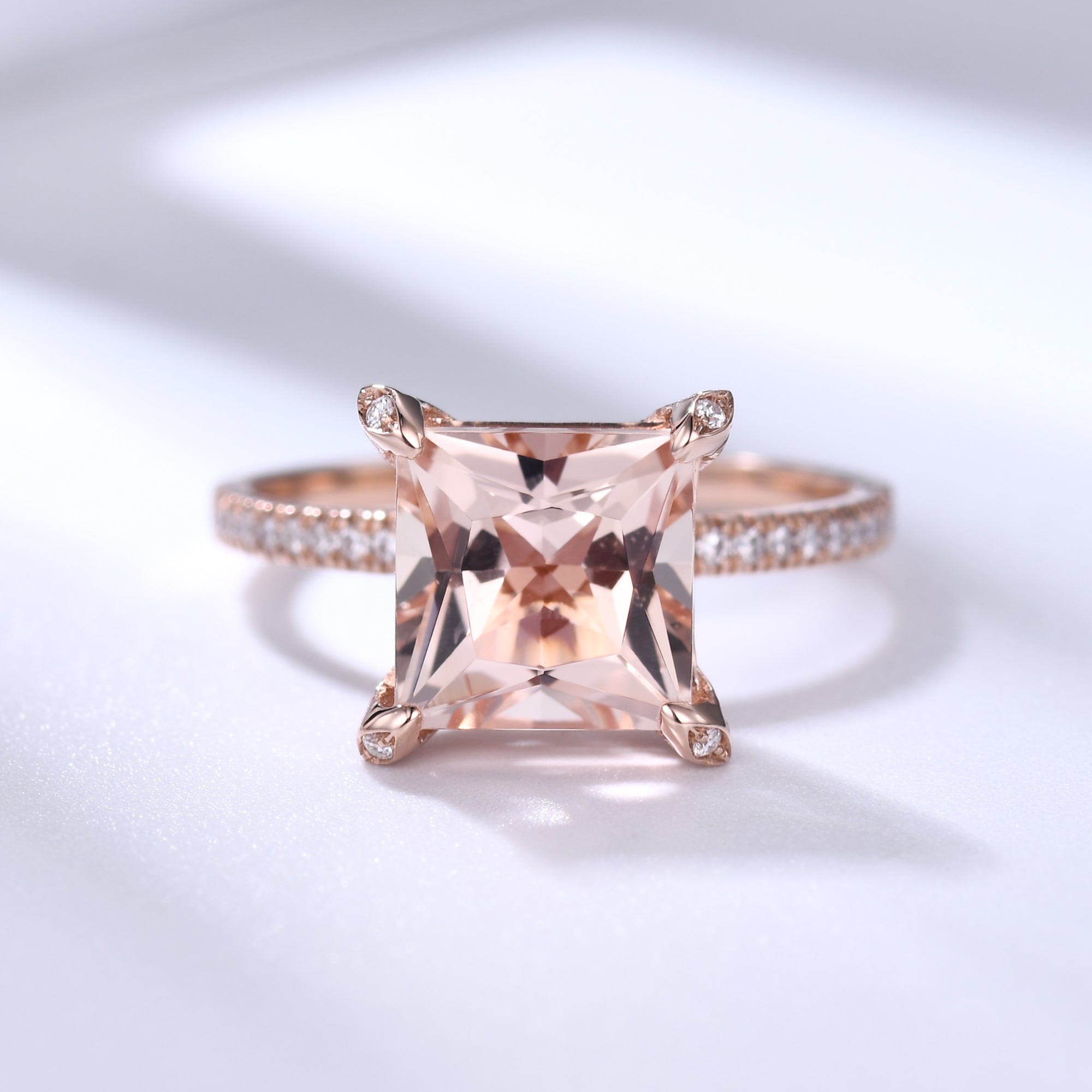 Unique Hidden Halo Princess Cut Morganite Diamond Engagement Ring in Rose Gold Basket Setting - Perfect for Proposals, Anniversaries & Romantic Occasions