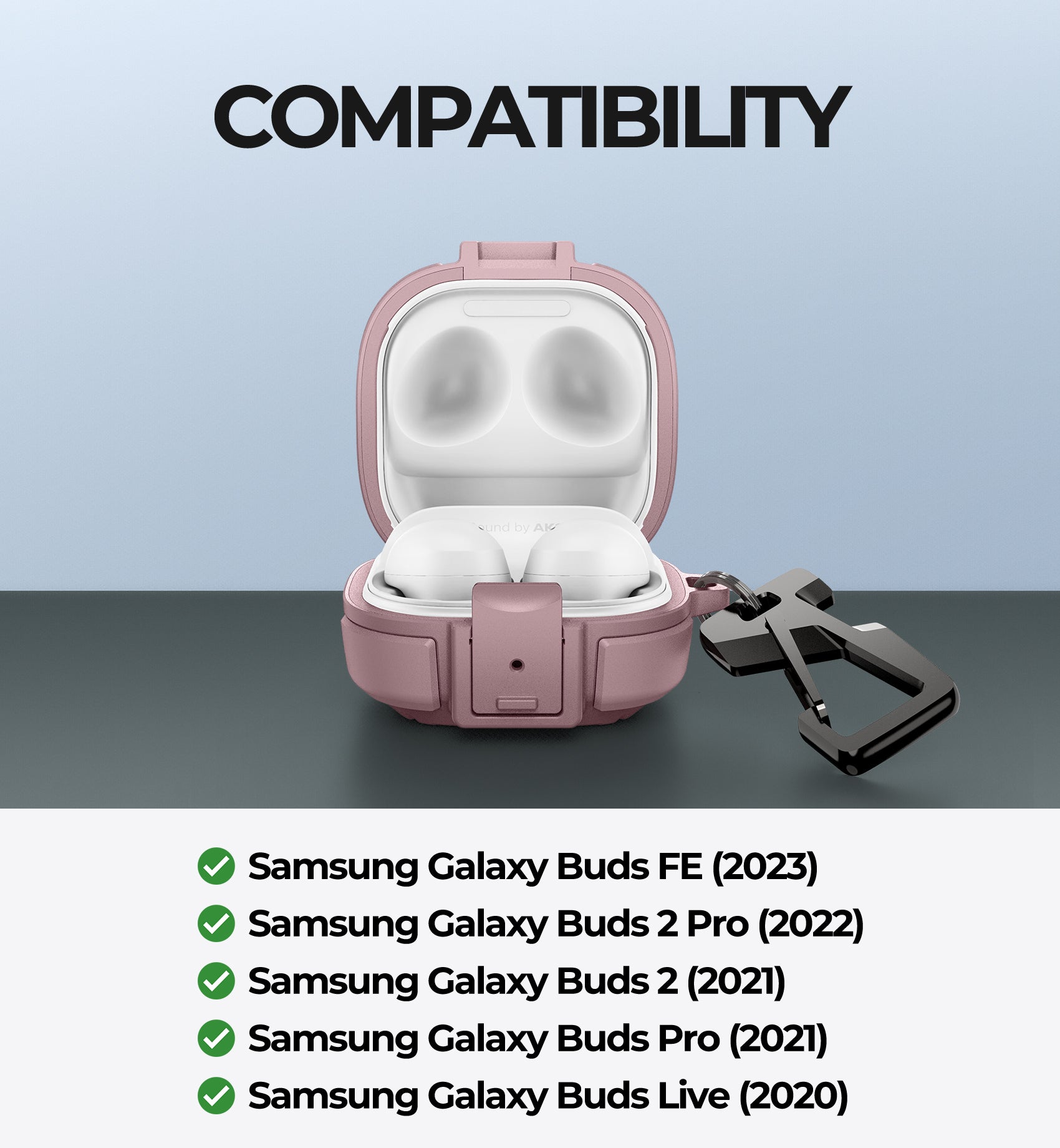 Durable Shockproof Earphone Case for Samsung Galaxy Buds Live/Pro/Buds2/Buds2 Pro/FE (2023) - Secure Lock & Carabiner Clip, Full Body Rugged Protection - Perfect for Travel, Sports, and Outdoor Activities