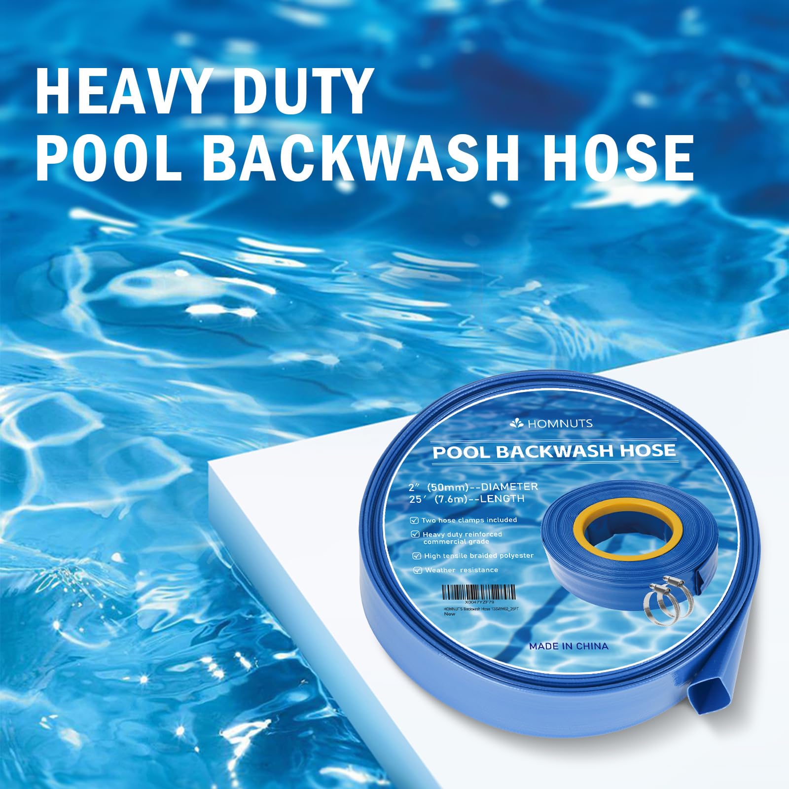 2 Inch x 25 Feet Blue Pool Backwash Hose with Stainless Steel Clamps - Durable Swimming Pool Cleaning Pipe for Water Transfer, Garden Irrigation & Maintenance
