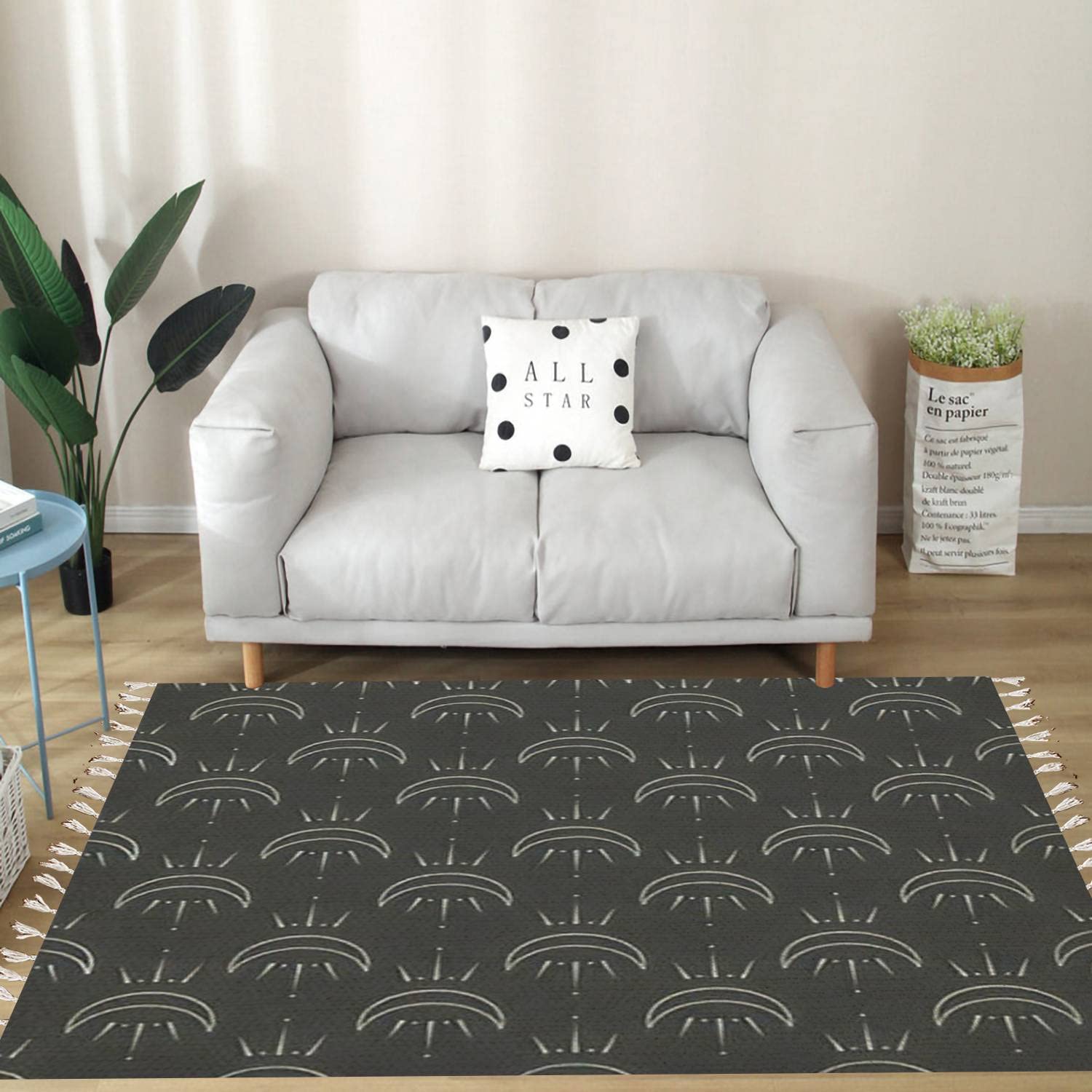 Vintage Boho Cotton & Linen Area Rug with Abstract Moon Tassels - Washable Woven Runner Mat for Kitchen, Bathroom, Outdoor Decor | Minimalist Crescent Repeating Pattern | Perfect for Bohemian Living Rooms, Bedrooms & Patios
