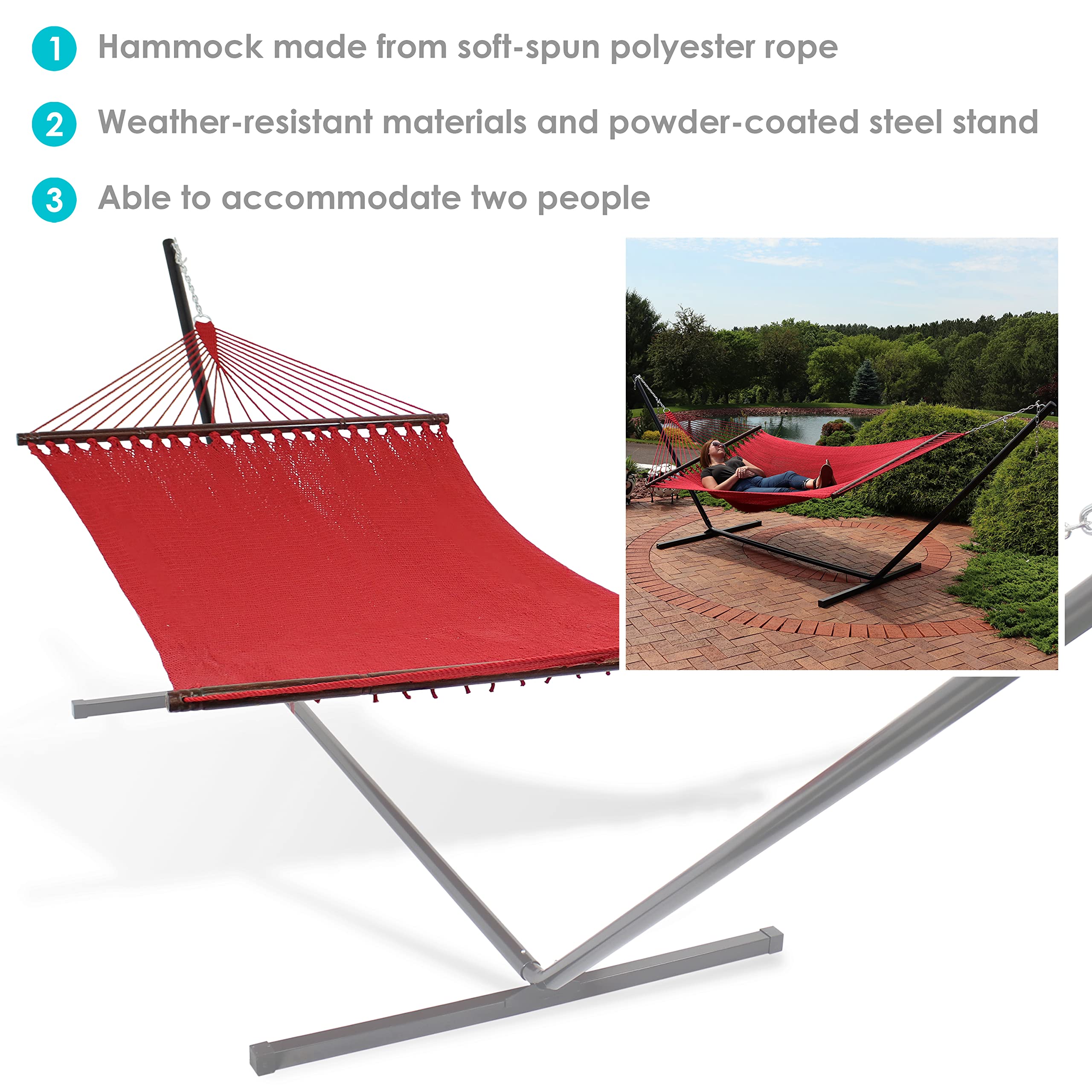 Sunnydaze 15-Foot Steel Stand Double Hammock with 400lb Capacity - Durable Polyester Rope Outdoor Hammock in Red - Perfect for Backyard, Patio, Camping & Beach Relaxation