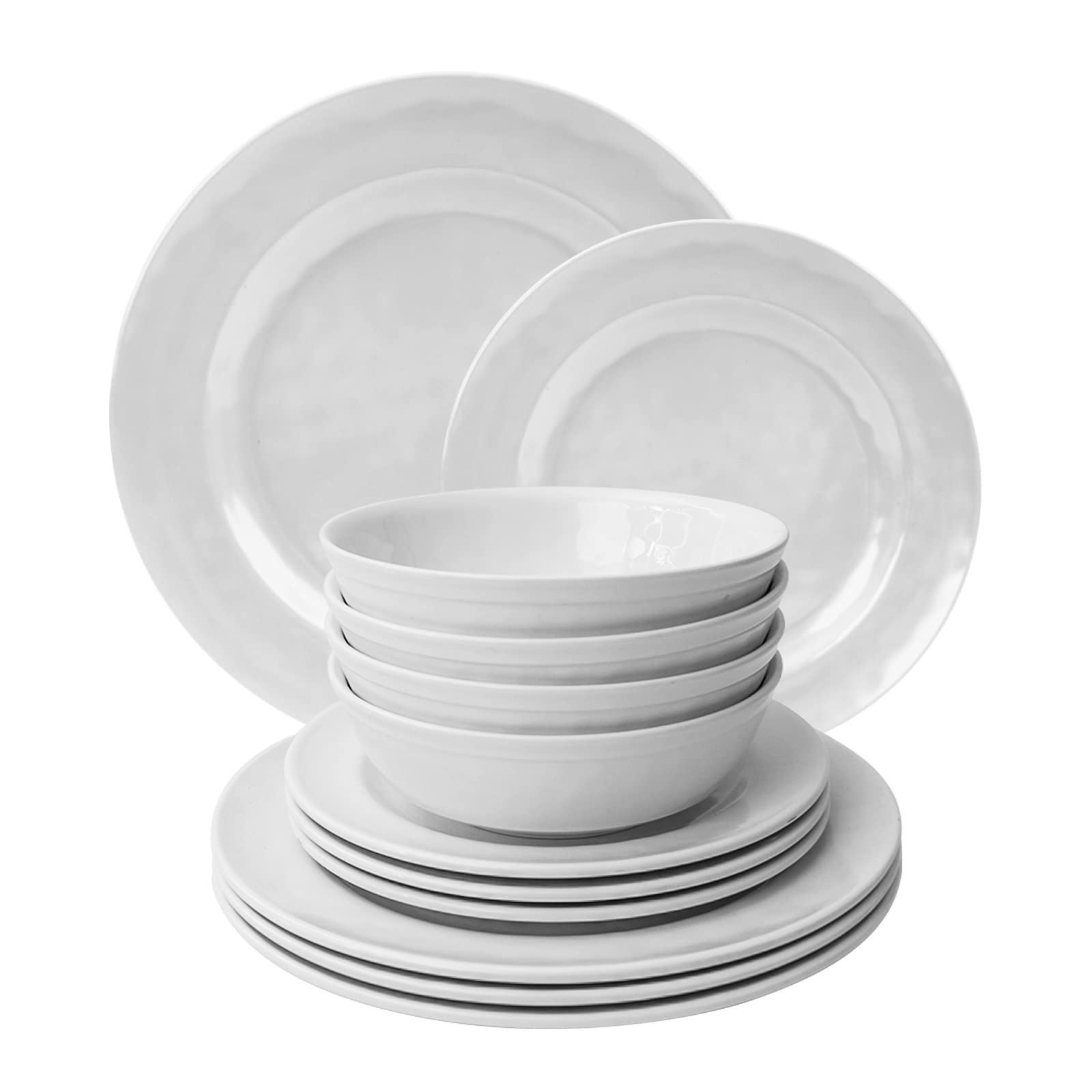 12-Piece Melamine Dinnerware Set - Durable Non-Breakable Plates & Bowls for 4 - Lightweight White Dish Set for Indoor/Outdoor Dining, Camping & Picnics