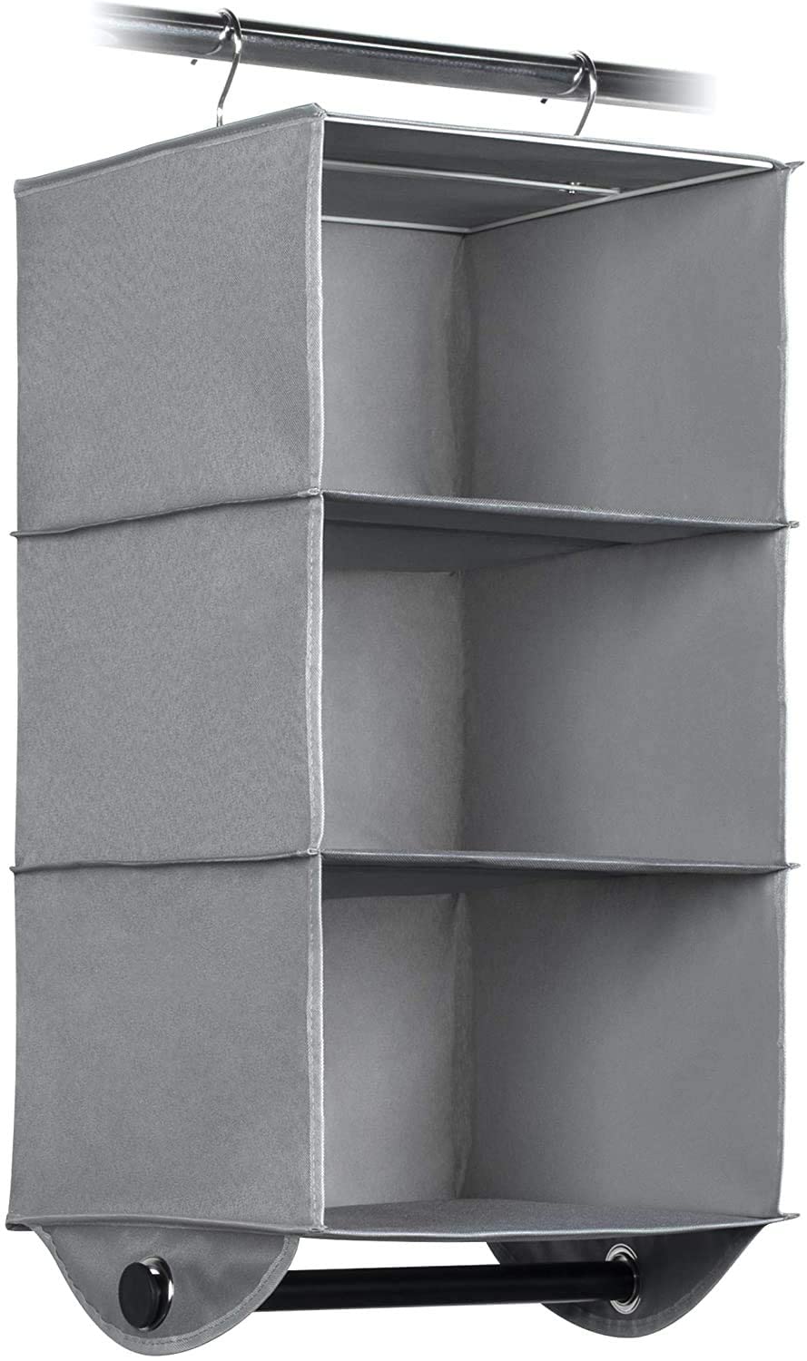 HOLDN’ STORAGE 3-Tier Hanging Closet Organizer - Space Saving Storage Shelves for Closet, Dorm, RV & Small Spaces - Grey Fabric with Black Metal Rod - 12”W x 12”D x 29.5”H - Perfect for College Dorms, Apartments & Travel Organization