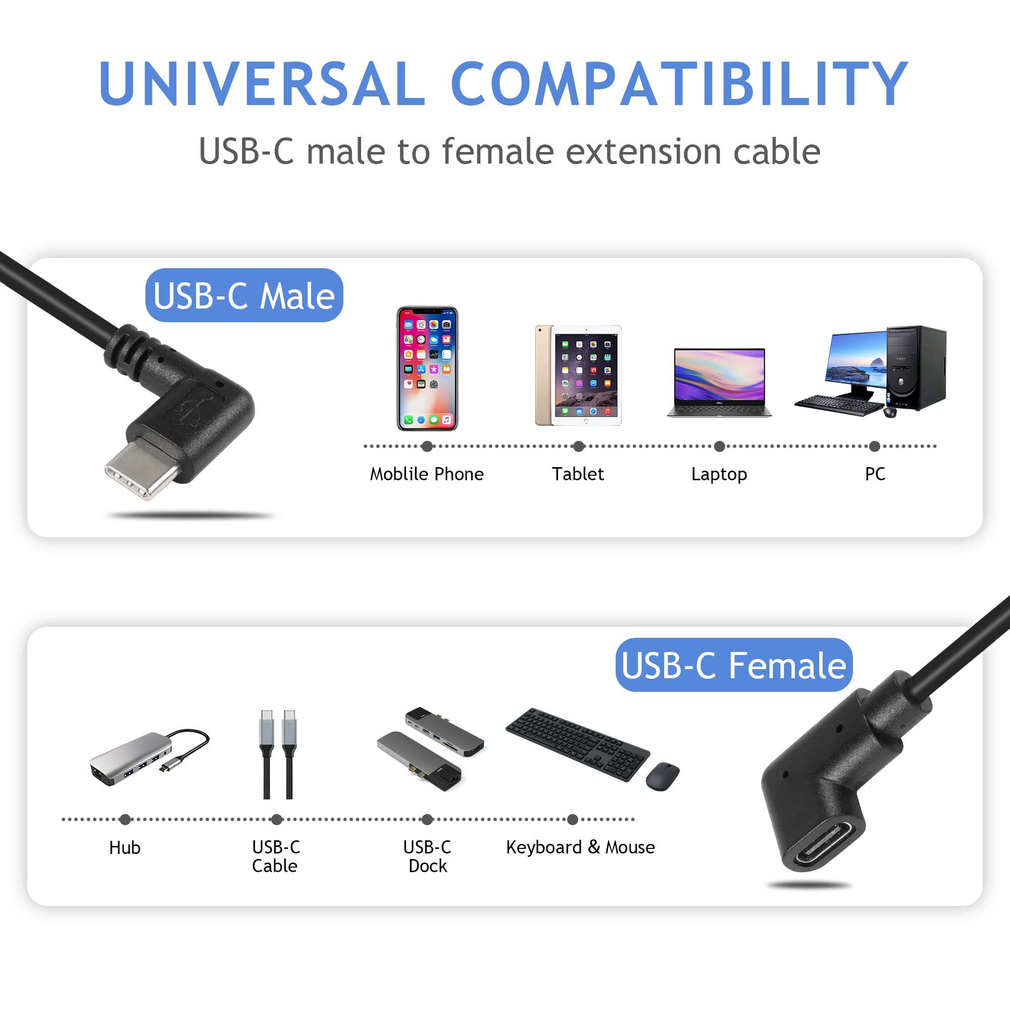 GINTOOYUN USB C Extension Cable 0.3m - Right Angle Male to Female PD 60W Fast Charging Cord - Compatible with MacBook, iPad, iPhone, Samsung Galaxy - Perfect for Home, Office & Travel Charging