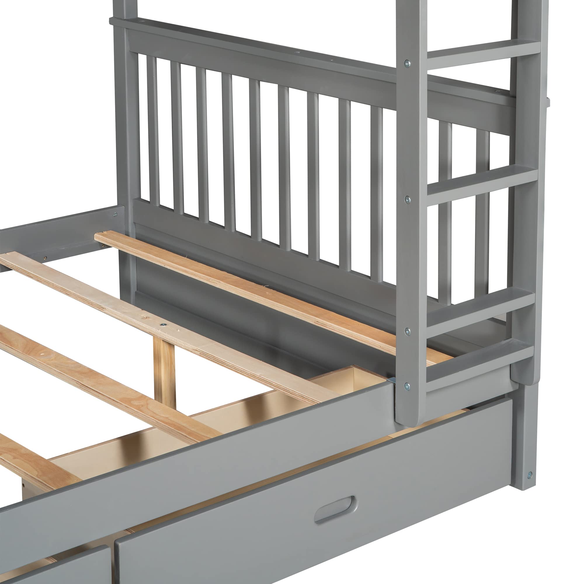 Harper & Bright Designs Full Over Full Bunk Bed with 2 Drawers - Solid Wood Platform Bed with Ladder, Full Length Guardrail & Headboard - No Box Spring Needed - Grey - Space Saving Kids Bedroom Furniture for Siblings or Sleepovers