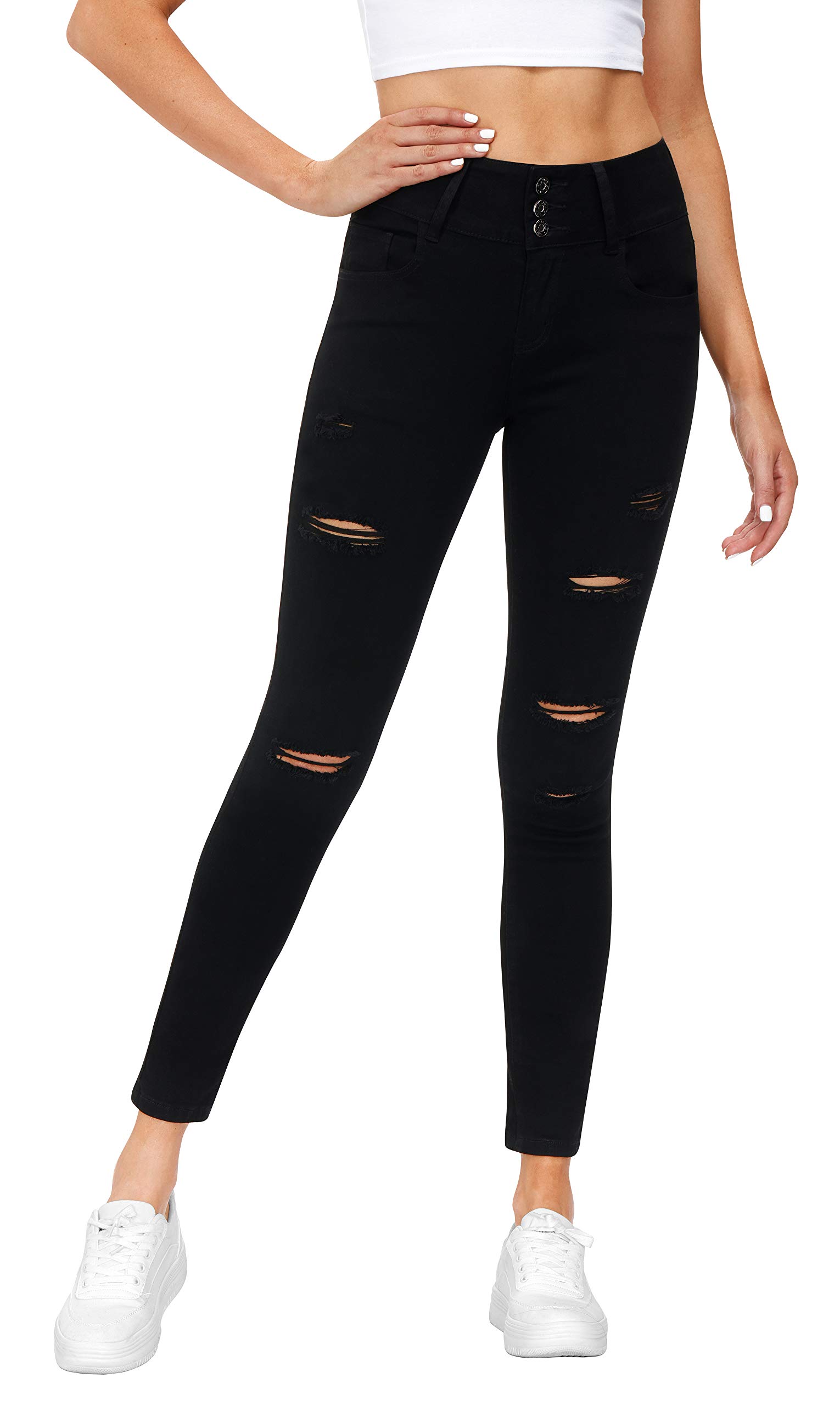 Women's High Waisted Butt Lifting Stretch Skinny Jeans - Ripped Distressed Denim Pants with Button Fly for Juniors | Perfect for Casual Outfits, Date Nights & Streetwear Fashion