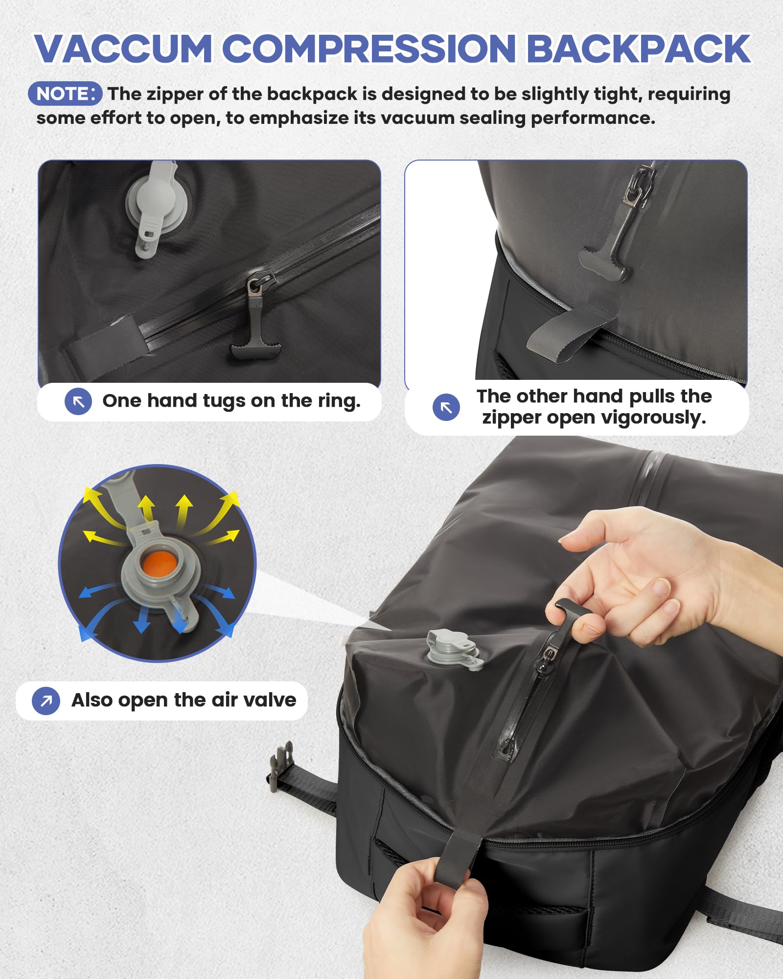 BOXSAM Large Vacuum Travel Backpack with Hand Pump - 18x14x8 Inch Flight Approved Carry-On Backpack for Women & Men, Waterproof Laptop Daypack with Compression Bags for Work, Gym & Air Travel - Black