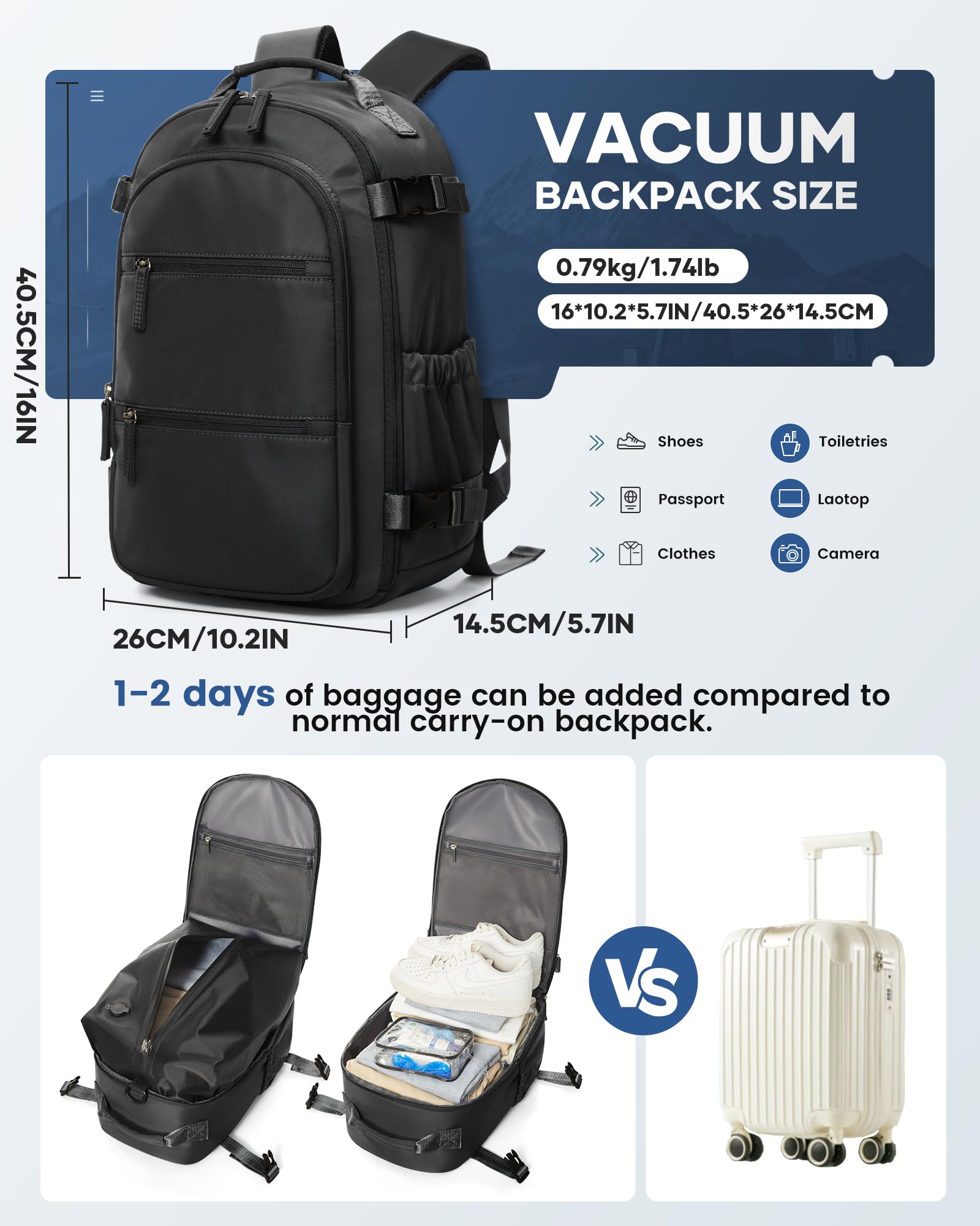 Vacuum Compression Travel Backpack with Air Pump - Waterproof Carry On Luggage for United Airlines (Black) | Perfect for Weekend Trips, Business Travel & Outdoor Adventures