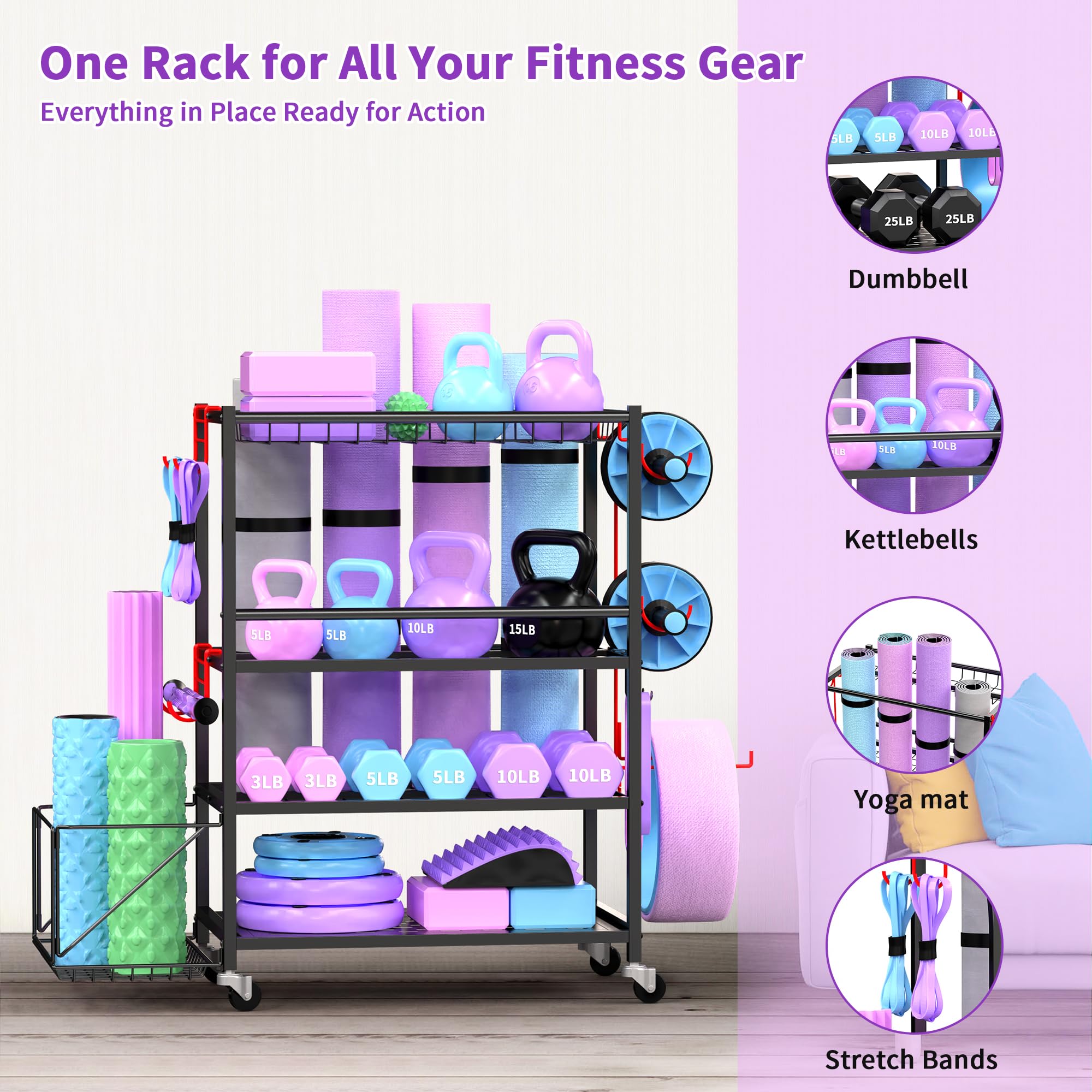Heavy Duty Dumbbell Rack - 650LBS Capacity Metal Weight Stand for Home Gym with Lockable Wheels & Adjustable Hooks - Perfect for Storing Dumbbells, Kettlebells, Yoga Mats, Foam Rollers & Resistance Bands - Ideal for Home Workouts, Garage Gyms & Fitness Studios