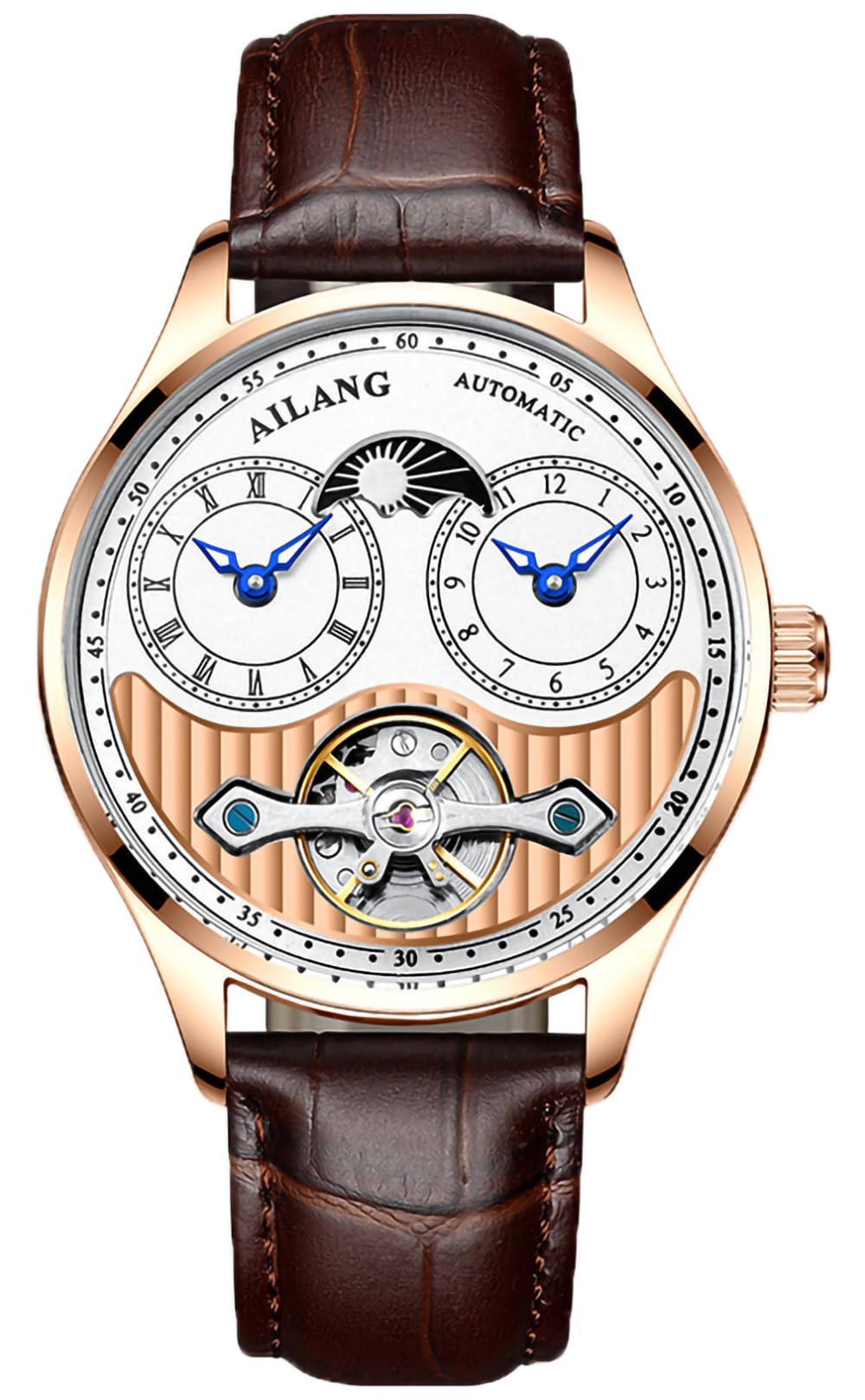 Ailang Men's Luxury Automatic Watch - Dual Time & Moon Phase Display, Waterproof Dress Watch with Stylish Clown Design | Perfect for Business, Travel, Formal Events, Office Wear, Weddings & Gift Giving | Ideal for Professional Settings, Special Occasions & Everyday Elegance | Great for Business Meetings, Date Nights, and Formal Gatherings