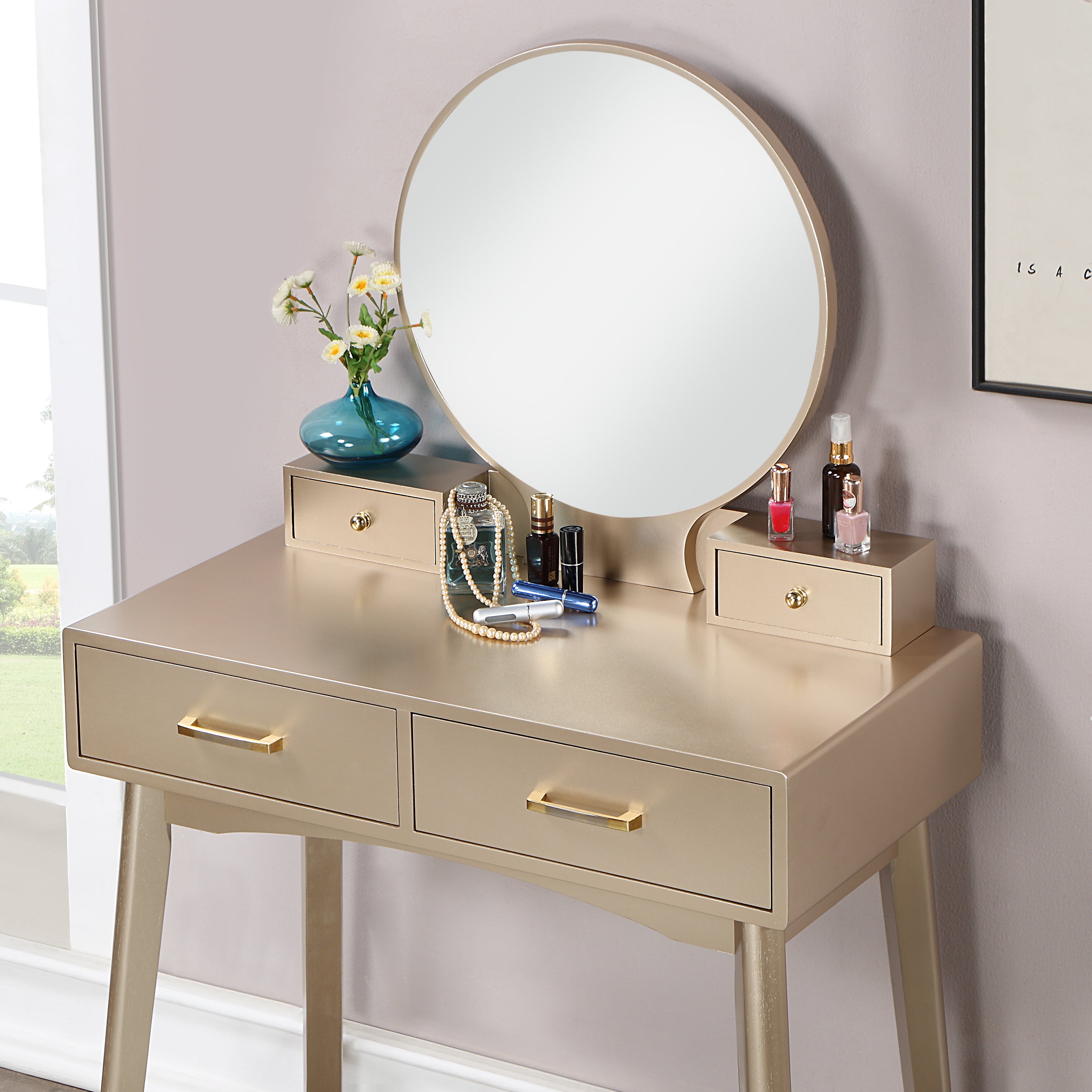 Roundhill Furniture Liannon Contemporary Wood Vanity Set with Stool - Modern Bathroom Vanity with Storage for Makeup & Jewelry Organization - Perfect for Bedroom, Bathroom or Dressing Room