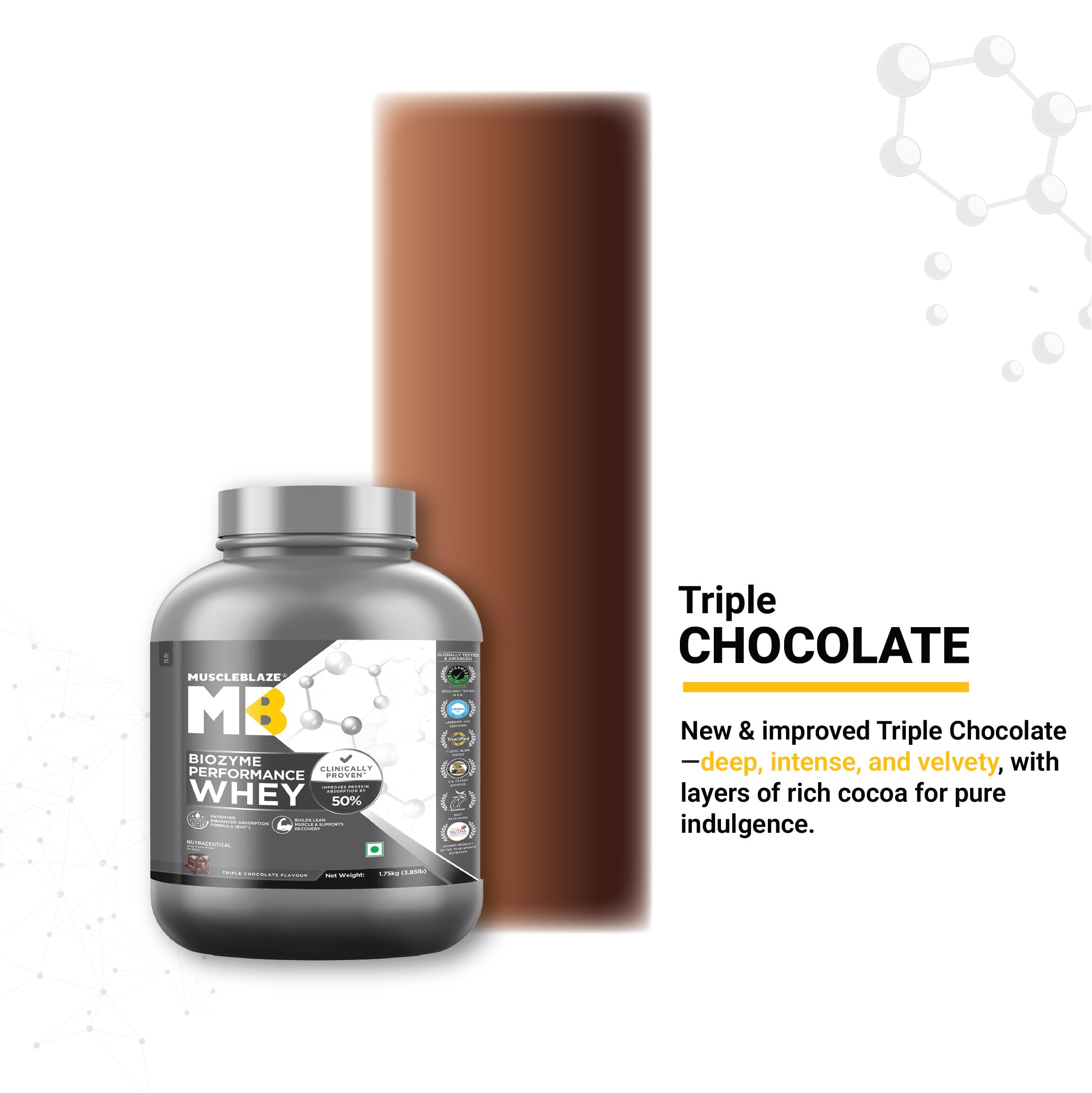 MuscleBlaze Biozyme Performance Whey Protein Powder - Triple Chocolate Flavor, 3.85lbs (1.75kg) | Clinically Proven 50% Faster Protein Absorption | Post-Workout Recovery & Muscle Building Supplement for Athletes & Fitness Enthusiasts
