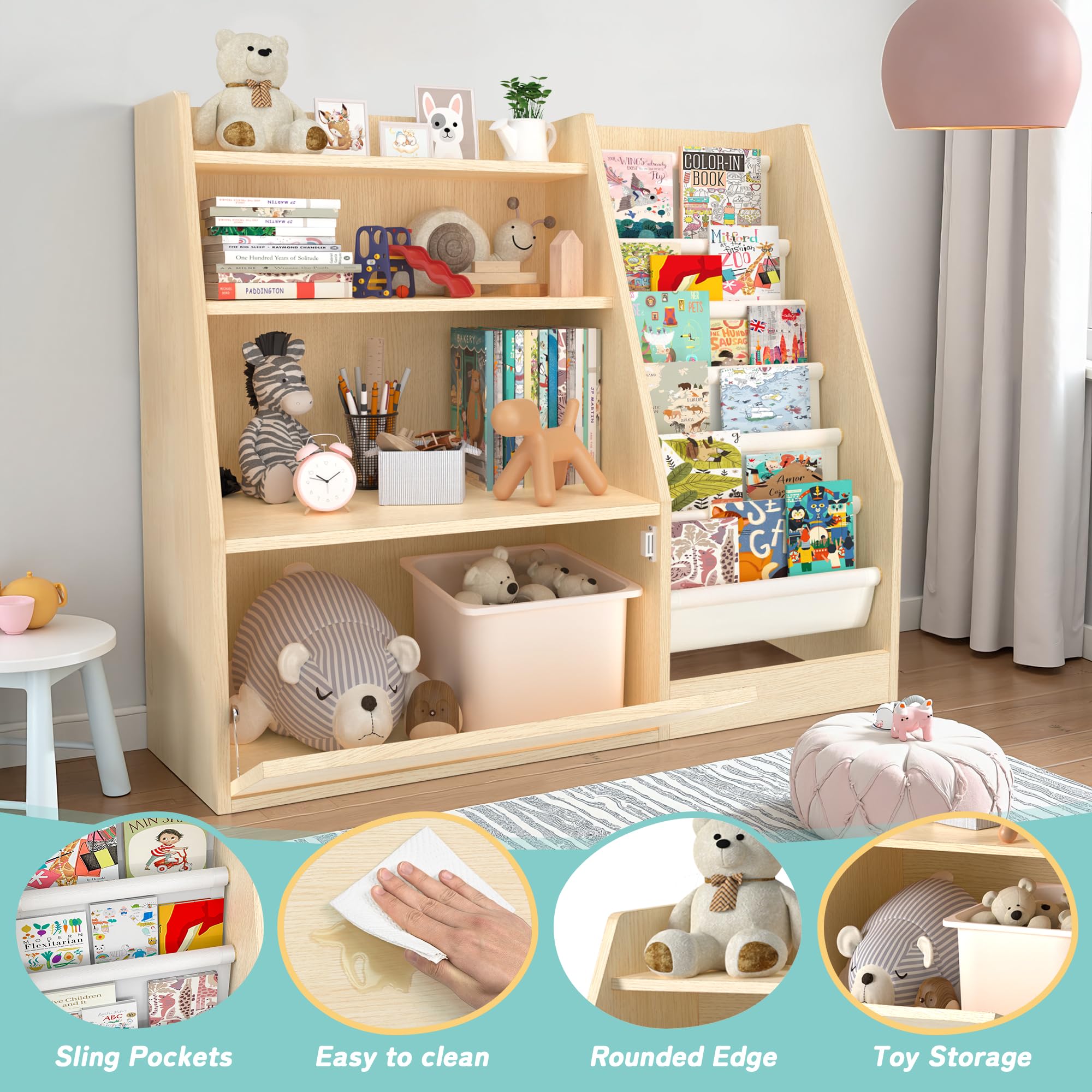 TOETOL 3 Tier Kids Bookshelf - Natural Wood Book Storage Organizer for Nursery, Playroom, Classroom & Bedroom | 6 Sling Toddler Bookshelf with Storage Boxes | Perfect for Kids' Book Organization and Room Decor