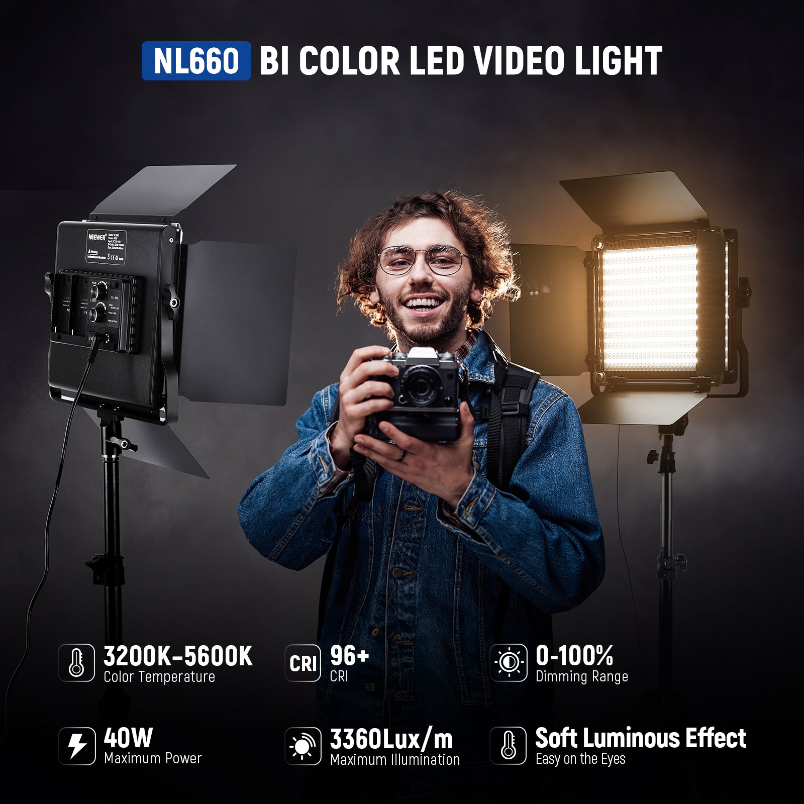 NEEWER 2 Pack NL660 Bi-Color LED Video Light Panel Kit - 3200K to 5600K Adjustable, Dimmable Lighting for YouTube Videos, Photography, Live Streaming & Studio Production