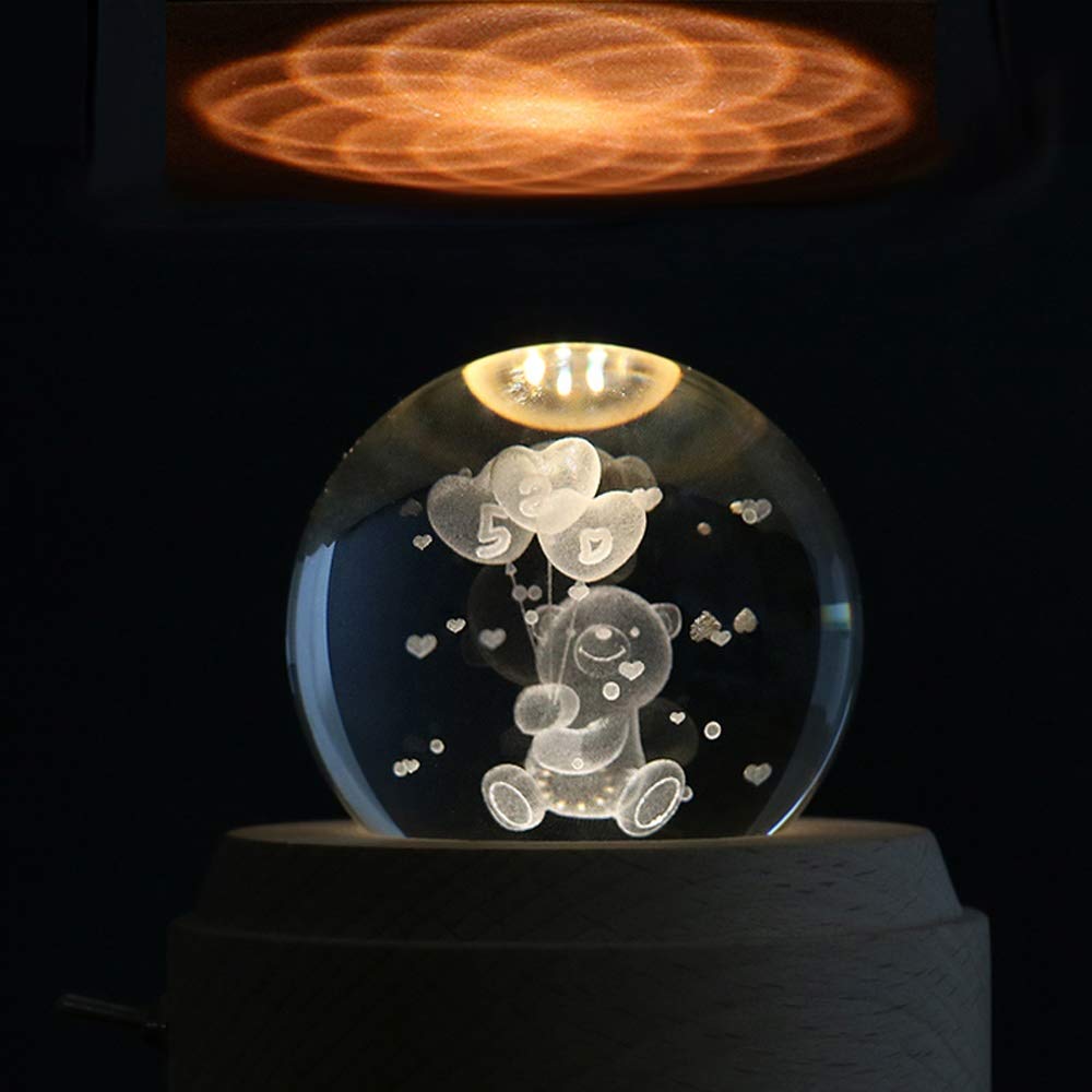 3D Bear Crystal Ball Music Box with LED Projection & Rotating Globe - Wooden Base Musical Gift for Girls, Wife - Birthday, Christmas Present - Plays Canon Melody - Perfect for Bedroom Decor, Romantic Gifts & Special Occasions