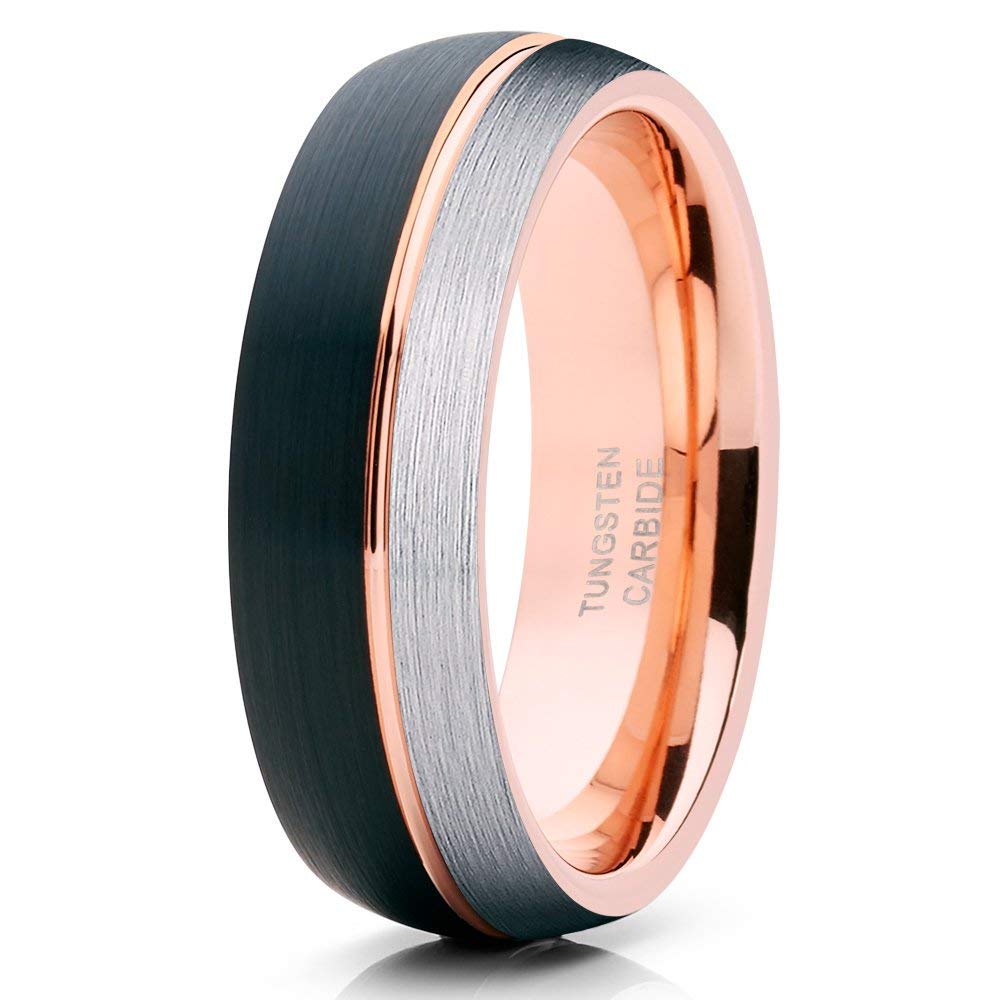 Rose Gold Tungsten Wedding Ring for Men & Women - Black Wedding Band with 18k Rose Gold Plating, Brush Finish - Perfect for Engagement, Anniversary, and Everyday Wear