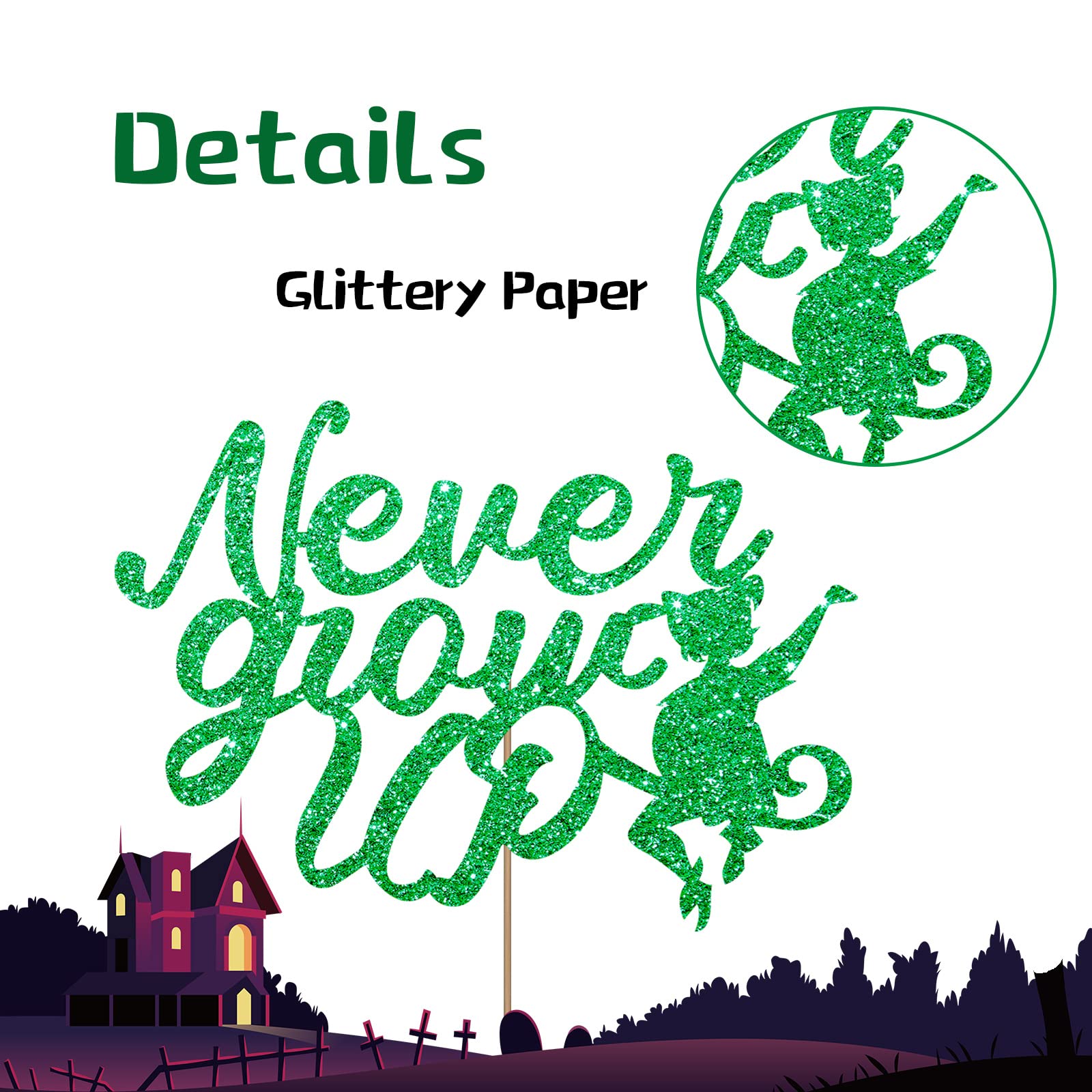 Never Grow Up Cake Topper - Peter Pan Neverland Birthday Cake Decorations for Baby Showers & Kids Parties | Green Glitter Cake Topper for Baby Boy Birthday, Nursery Decor & Themed Celebrations
