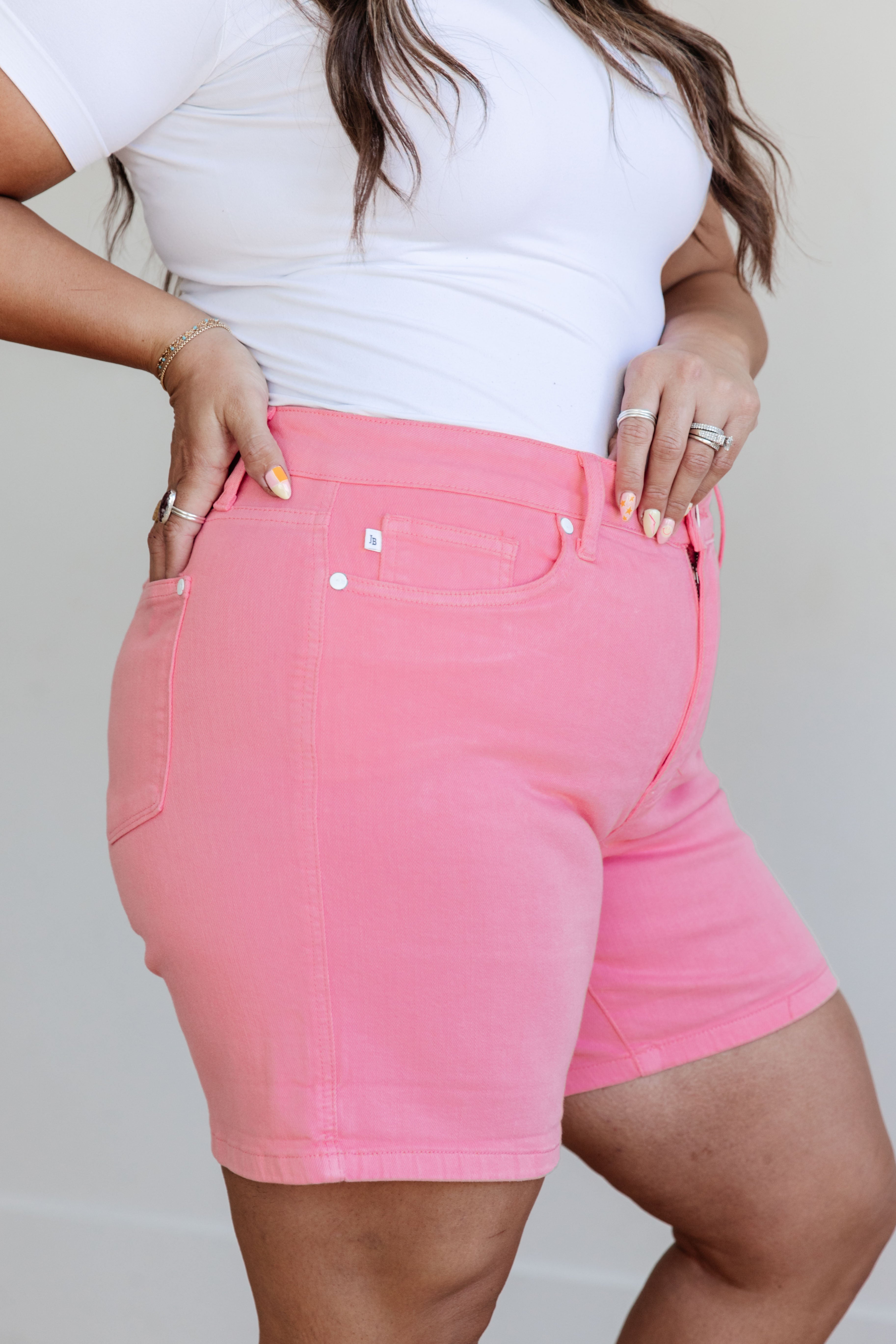 Judy Blue Pink Jenna High Rise Control Top Cuffed Shorts for Women - Comfortable Stretch Denim Shorts with Tummy Control - Perfect for Summer, Casual Outfits & Beach Vacations