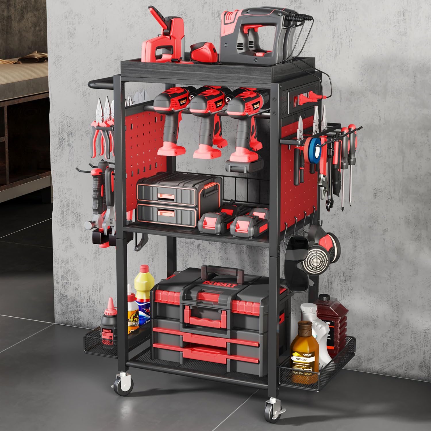 HapiRm Power Tool Organizer Cart with Wheels & Charging Station - Heavy Duty Garage Storage Cabinet for Drills & Tools - Perfect Workshop Gift for Men & Dad (DIY Projects, Home Improvement, Auto Repair)