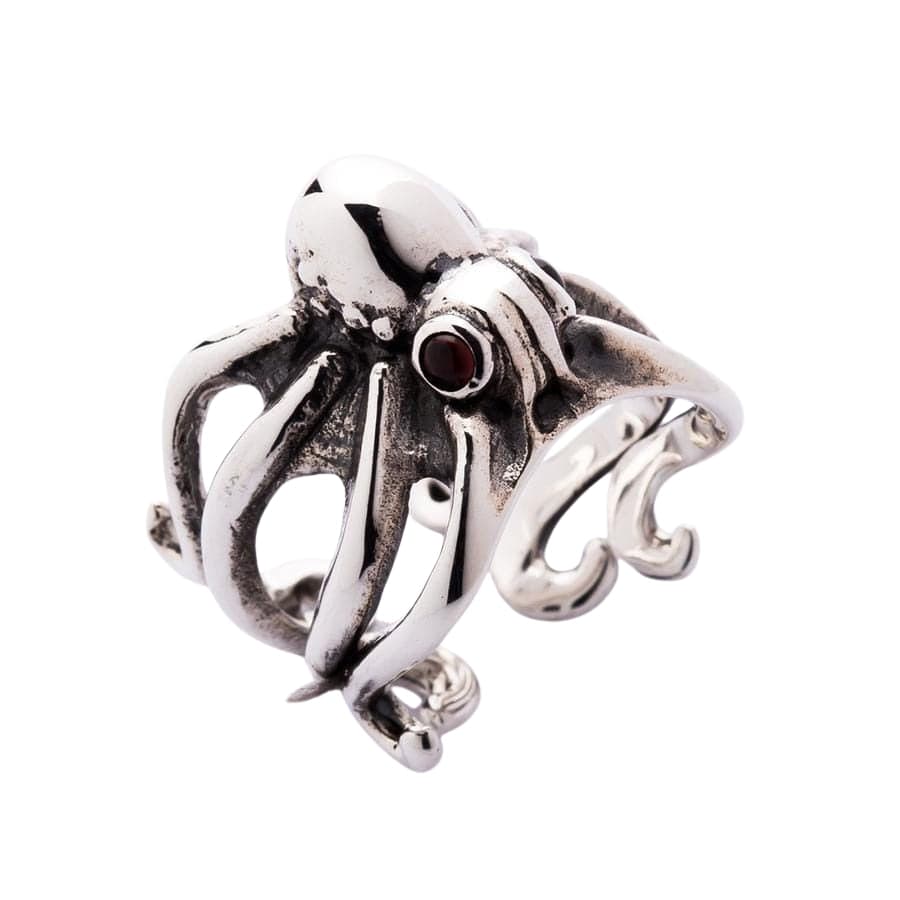 Red Eyes Sterling Silver Octopus Ring for Women - Unique Gothic Jewelry for Halloween, Cosplay & Alternative Fashion