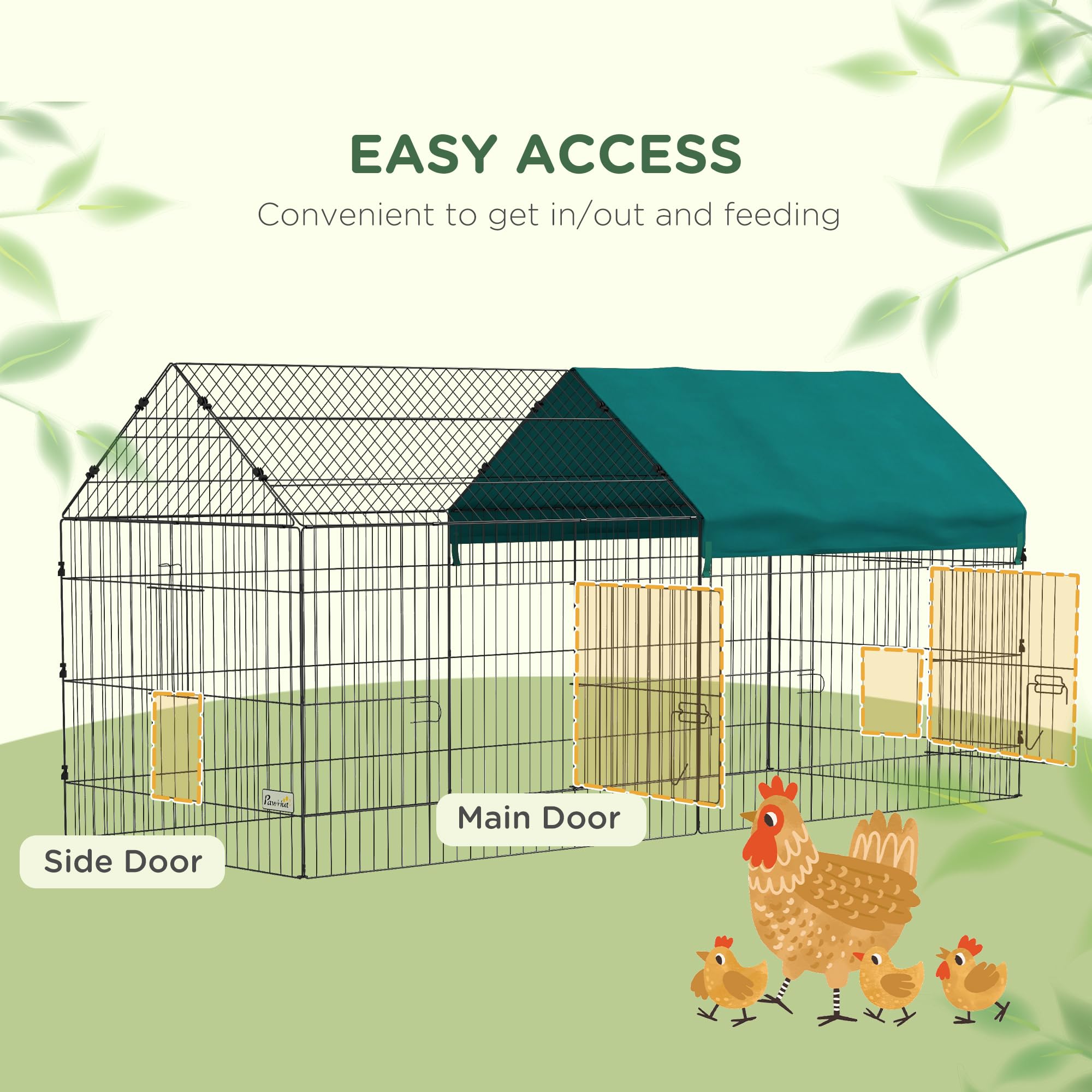PawHut 87-Inch Small Animal Playpen with Doors - Outdoor/Indoor Catio Cage for Rabbits, Guinea Pigs, Chickens, Chinchillas, Cats, Quails & Ducks - Spire Roof Design in Green - Perfect for Backyard, Patio or Indoor Pet Play Areas