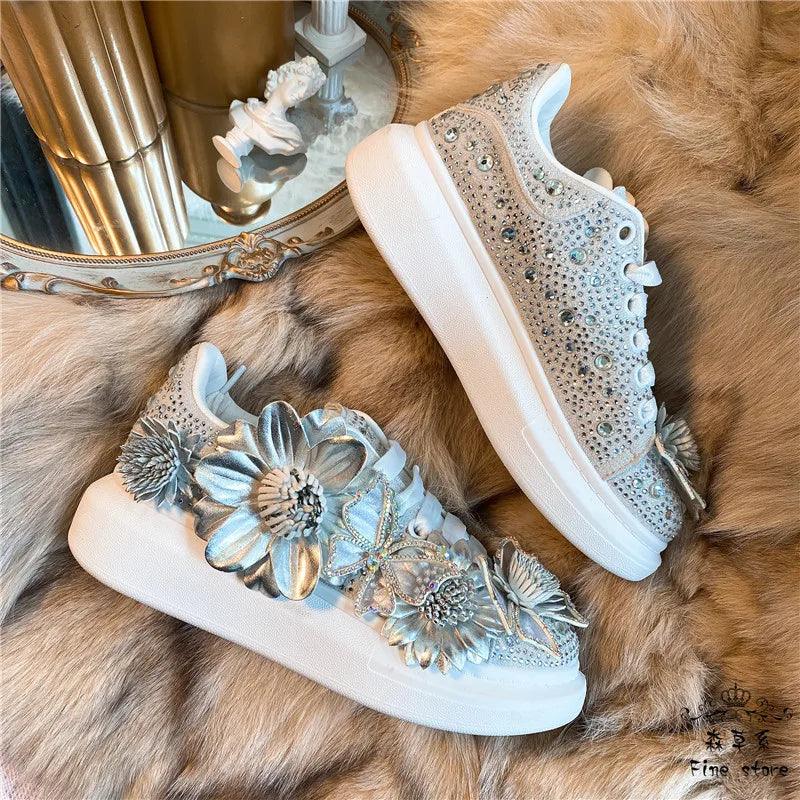Women's Silver Butterfly Bow Crystal Sneakers - Stylish Platform Shoes with Diamond & Floral Accents | Comfortable Fashion Footwear for Parties, Weddings & Everyday Wear