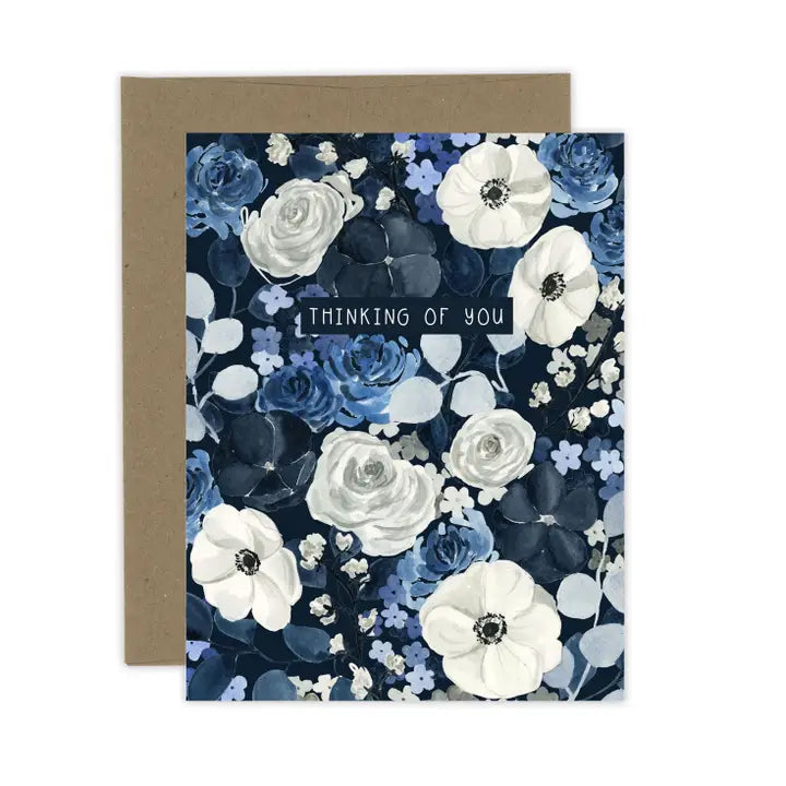 ALMEIDA ILLUSTRATIONS Navy Blue Floral Thinking of You Card - Perfect for Birthday, Anniversary & Thank You Gifts