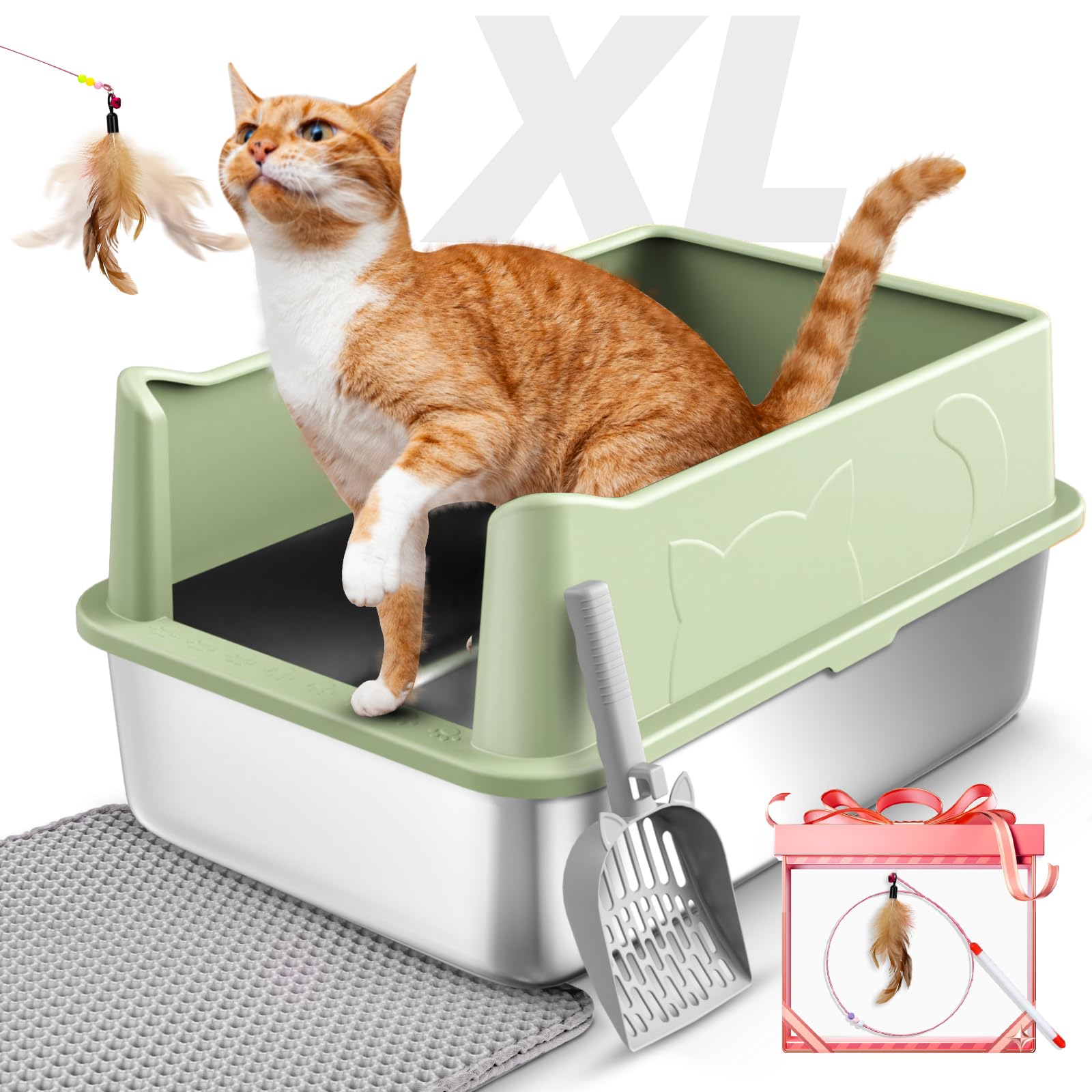Premium Stainless Steel Enclosed Cat Litter Box for Large Cats - XL High-Sided Design with Anti-Leak Bottom, Includes Litter Mat, Scoop & Wand Toy (Green) - Perfect for Multi-Cat Homes & Odor Control in Apartments