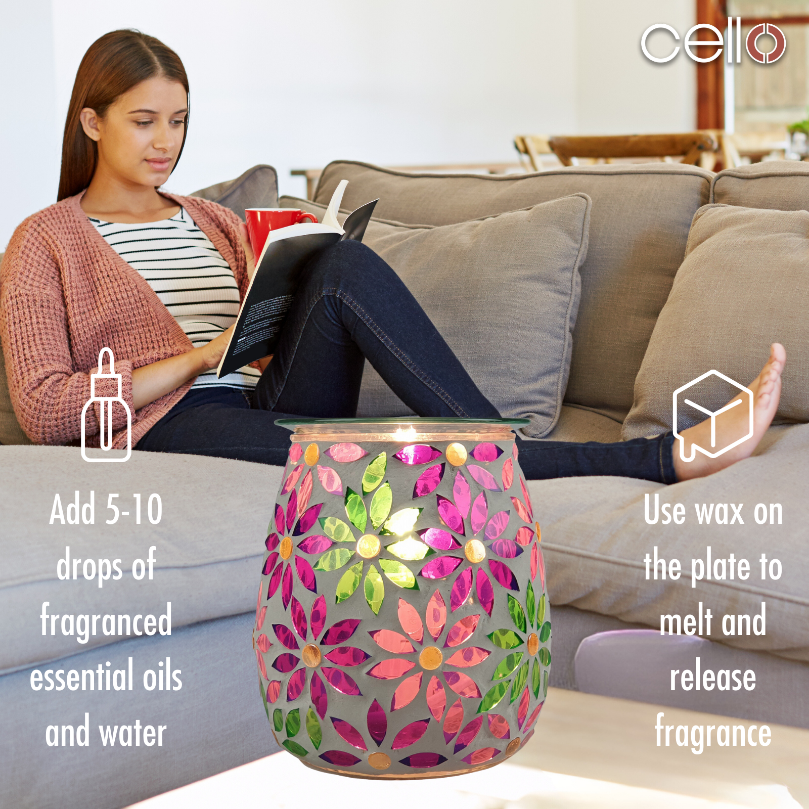 Cello Electric Wax Warmer with Mosaic Glass Design - Pretty Petals Floral Aromatherapy Wax Melter for Home, Office & Spa Relaxation