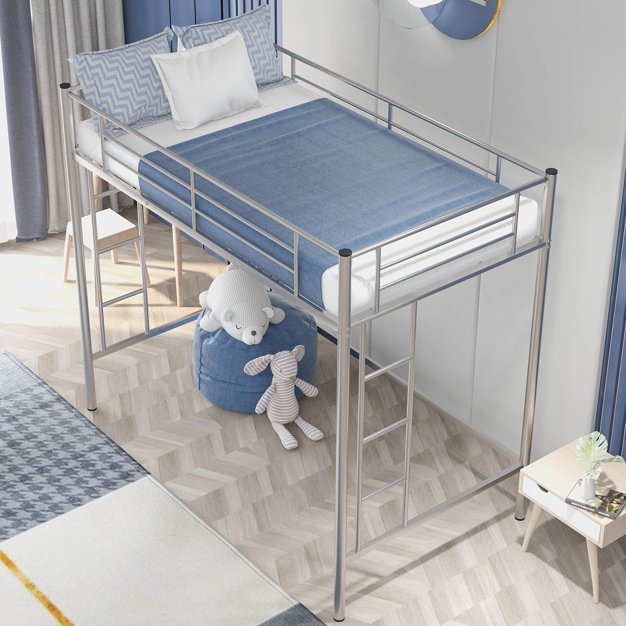 Sturdy Metal Twin Loft Bed with 2 Ladders & Safety Rails - Space Saving Kids Bunk Bed Frame for Small Bedrooms - Modern Silver Loft Bed for Teens & Children - Perfect for Dorms, Apartments & Shared Rooms