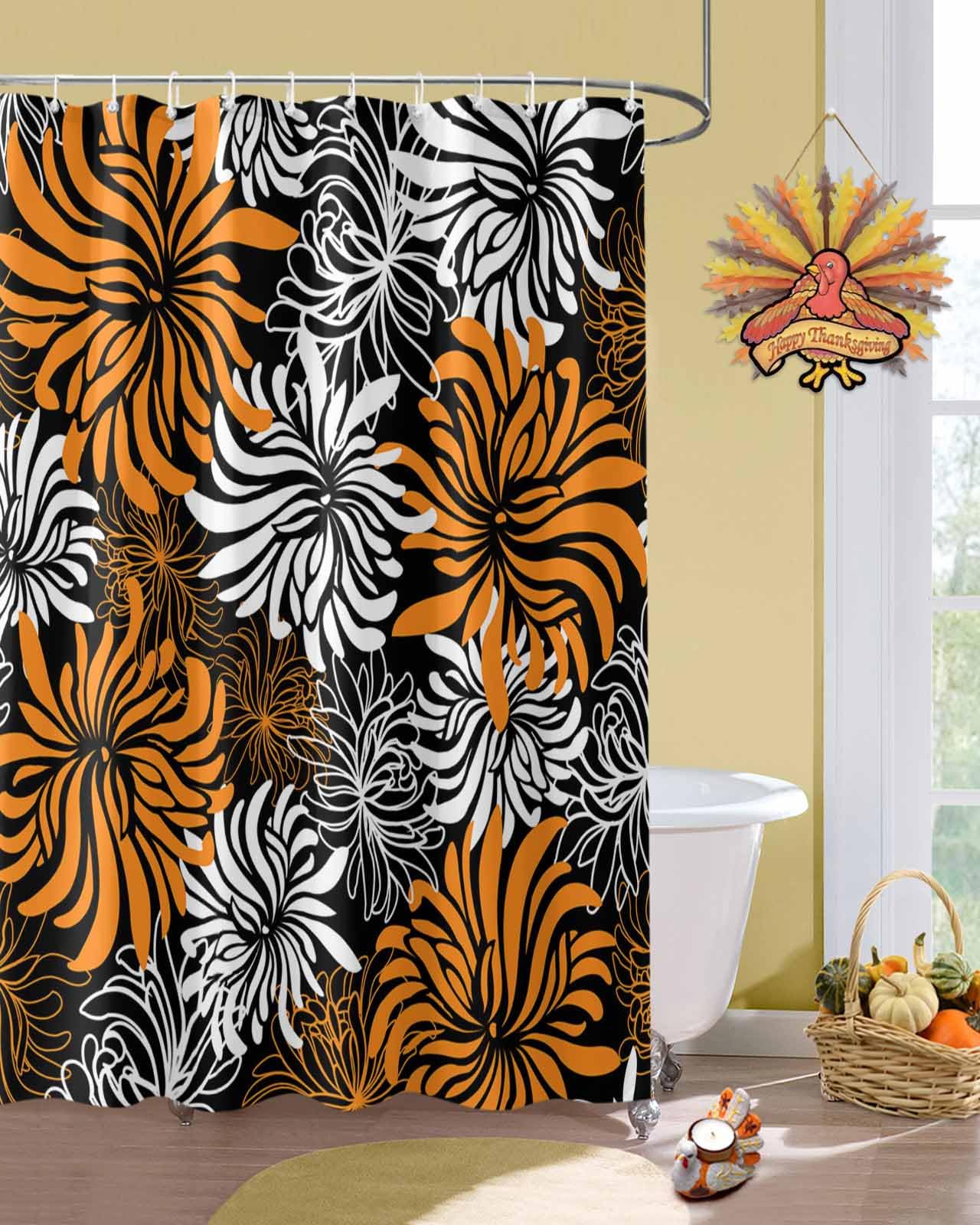 Waterproof Floral Chrysanthemum Shower Curtain Set with Hooks - 66x72 Inch Bathroom Decor for Bathtub & Shower - Perfect for Home, Apartment, and Hotel Use