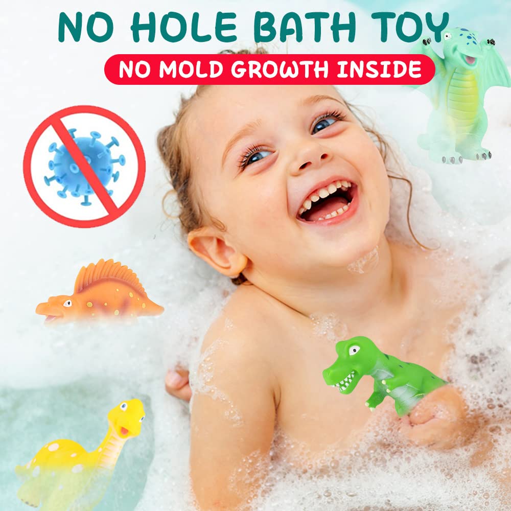12 PCS Non-Toxic Baby Dinosaur Bath Toys for Toddlers 1-5 Years - Mold Free Rubber Dino Bathtub & Pool Toys Set - Perfect for Kids Bath Time, Baby Showers, Birthday Gifts & Sensory Play (No Hole Design)