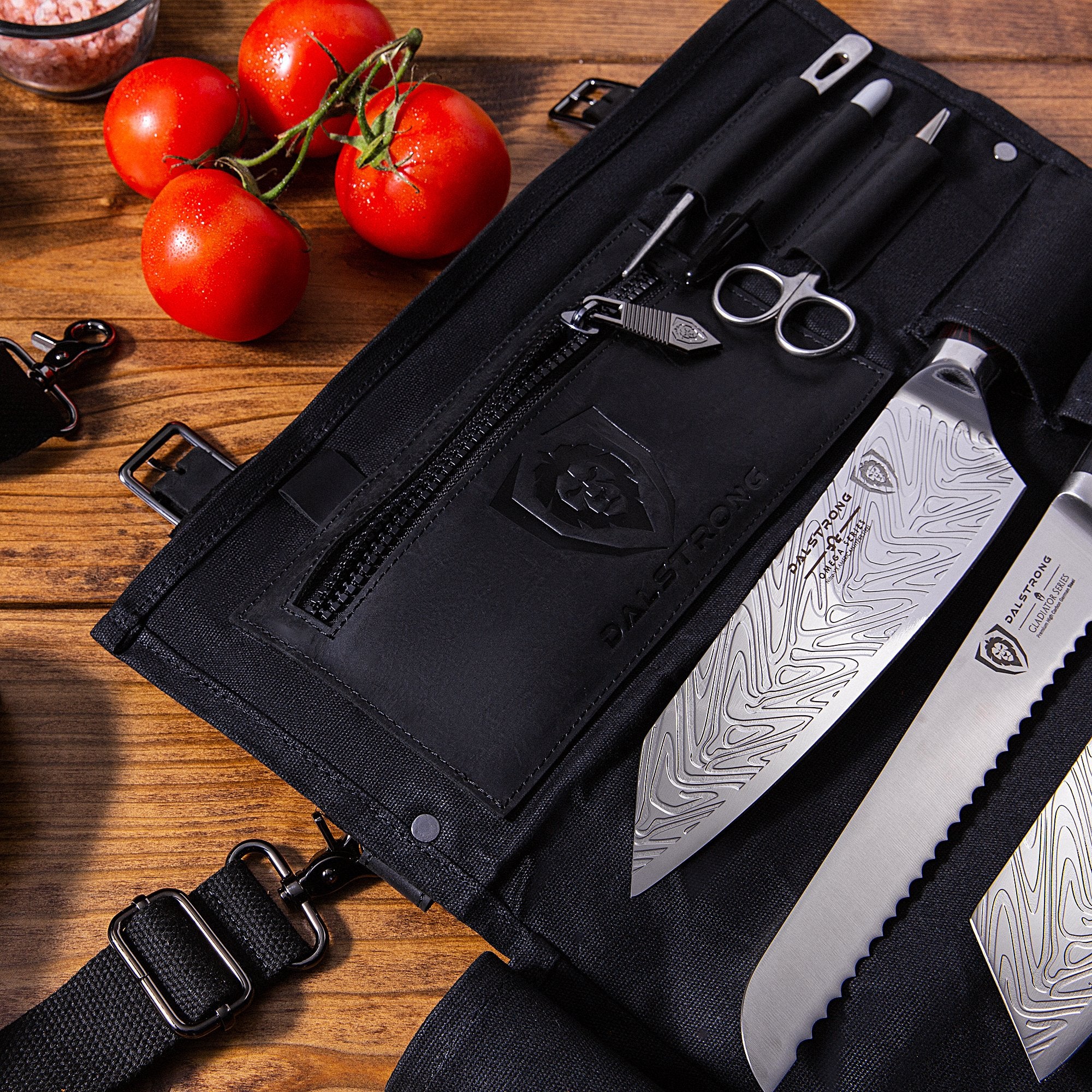 12oz Heavy Duty Canvas & Leather Knife Roll - Nightmaster Black | Dalstrong Professional Chef Knife Holder | Perfect for Chefs, BBQ & Outdoor Cooking