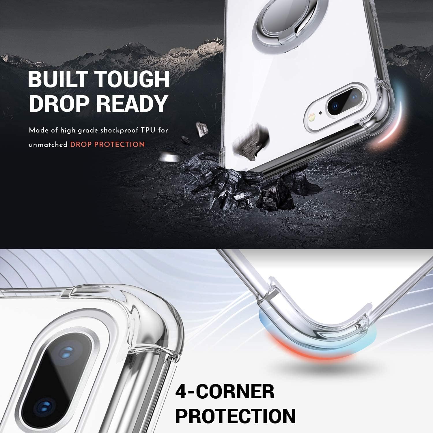 Premium Shockproof Clear iPhone 8 Plus/7 Plus Case with Ring Stand | Military-Grade Protection | Slim Protective Cover for Everyday Use, Travel & Outdoor Activities