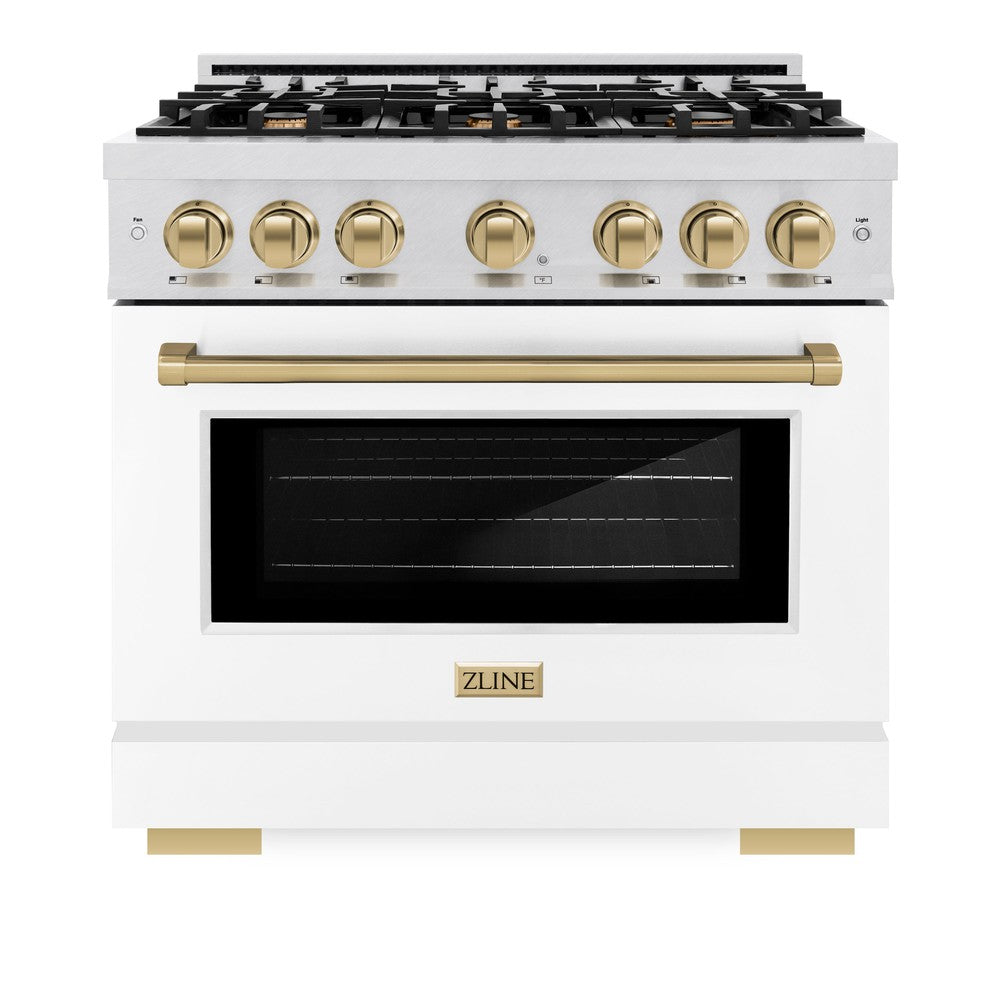 ZLINE Autograph Edition 36-inch 5.2 cu. ft. Dual Fuel Range - 6 Burner Gas Cooktop & Electric Convection Oven - Satin Stainless Steel with White Matte Door & Champagne Bronze Accents (HDRSZ WM 36 CB) | Professional Kitchen Appliance for Home Chefs & Cooking Enthusiasts