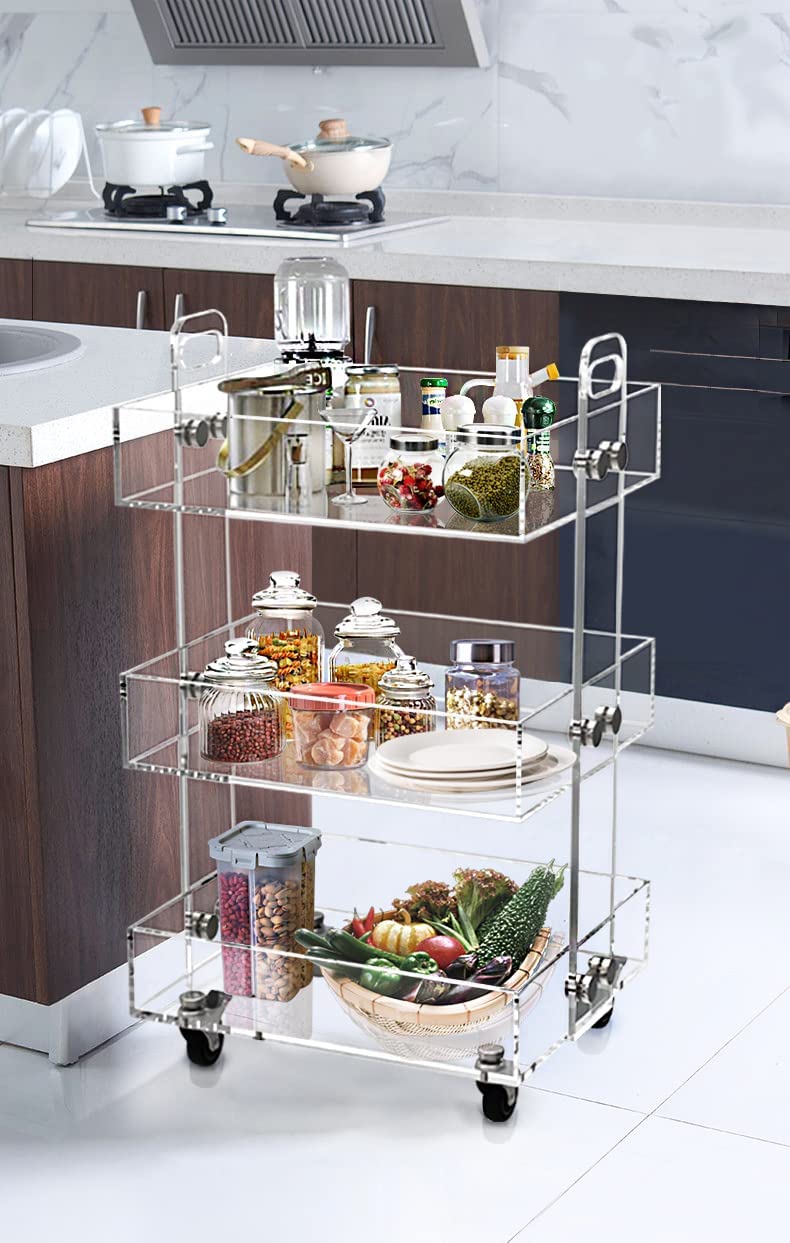 ONELUX 3-Tier Acrylic Rolling Cart with Wheels - Multifunctional Storage Organizer for Kitchen, Bathroom, Office & Dorm Room - Clear Plastic Utility Cart for Home Organization