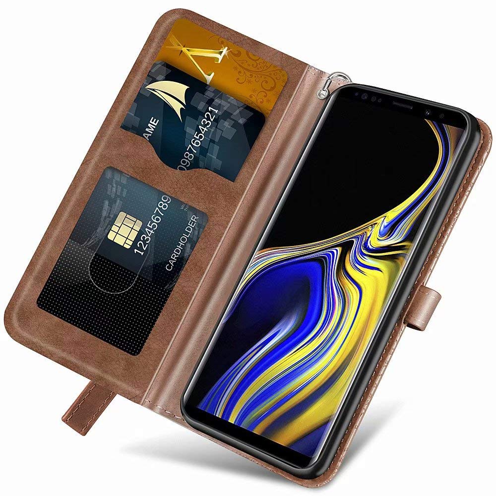 Premium PU Leather Wallet Case for Samsung Galaxy Note 9 - Embossed Tree Design, Folio Flip Cover with Kickstand, Card Slots & Wrist Strap | 6.4 inch Protective Phone Cover (R-Brown) | Perfect for Business, Travel & Everyday Use
