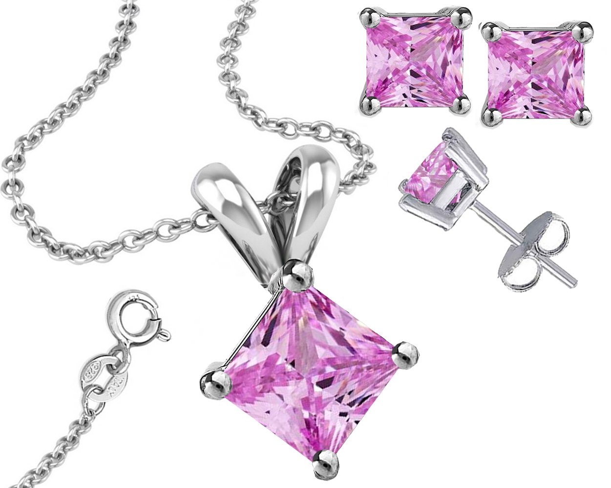 FANTOM 925 Sterling Silver Princess Cut Pink Gemstone Pendant & Earrings Gift Set - 1 Ct Pendant & 2 CtW Earrings | Elegant Jewelry for Women, Perfect for Valentine's Day, Anniversary & Special Occasions