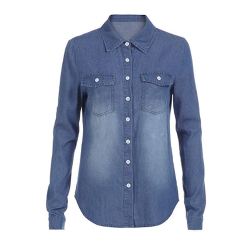 Women's Casual Blue Denim Long Sleeve Shirt Top - Stylish Button Down Blouse Jacket for Everyday Wear, Work & Weekend Outfits