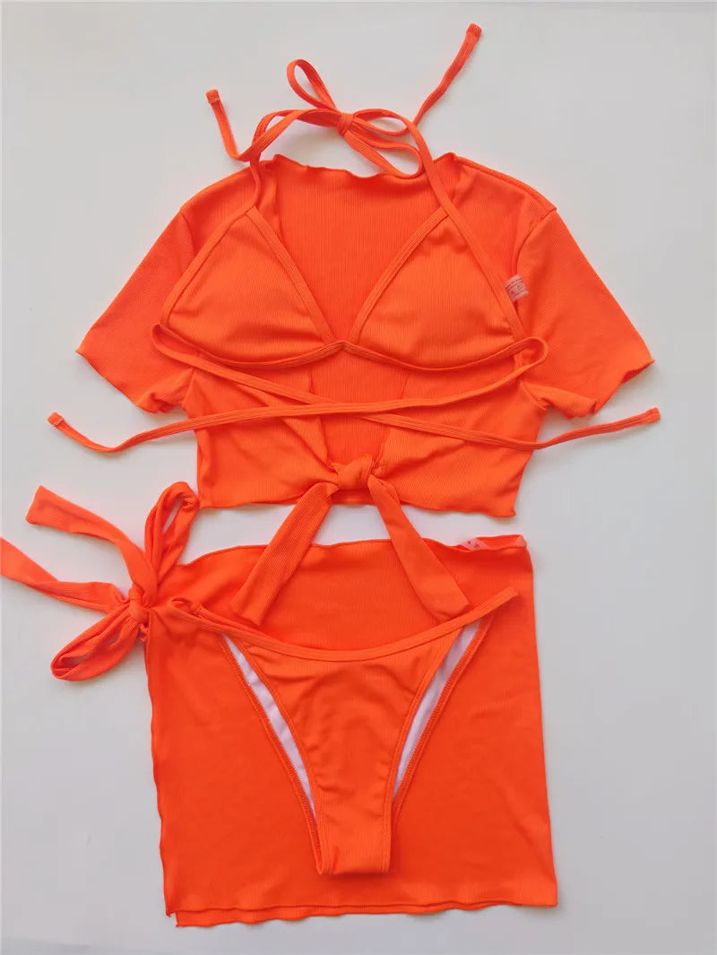 4-Piece High Waist Bandage Bikini Set with Skirt - Women's Sexy Swimwear Summer 2024, Short Sleeve Tie-Front Biquini for Beach, Pool & Vacation