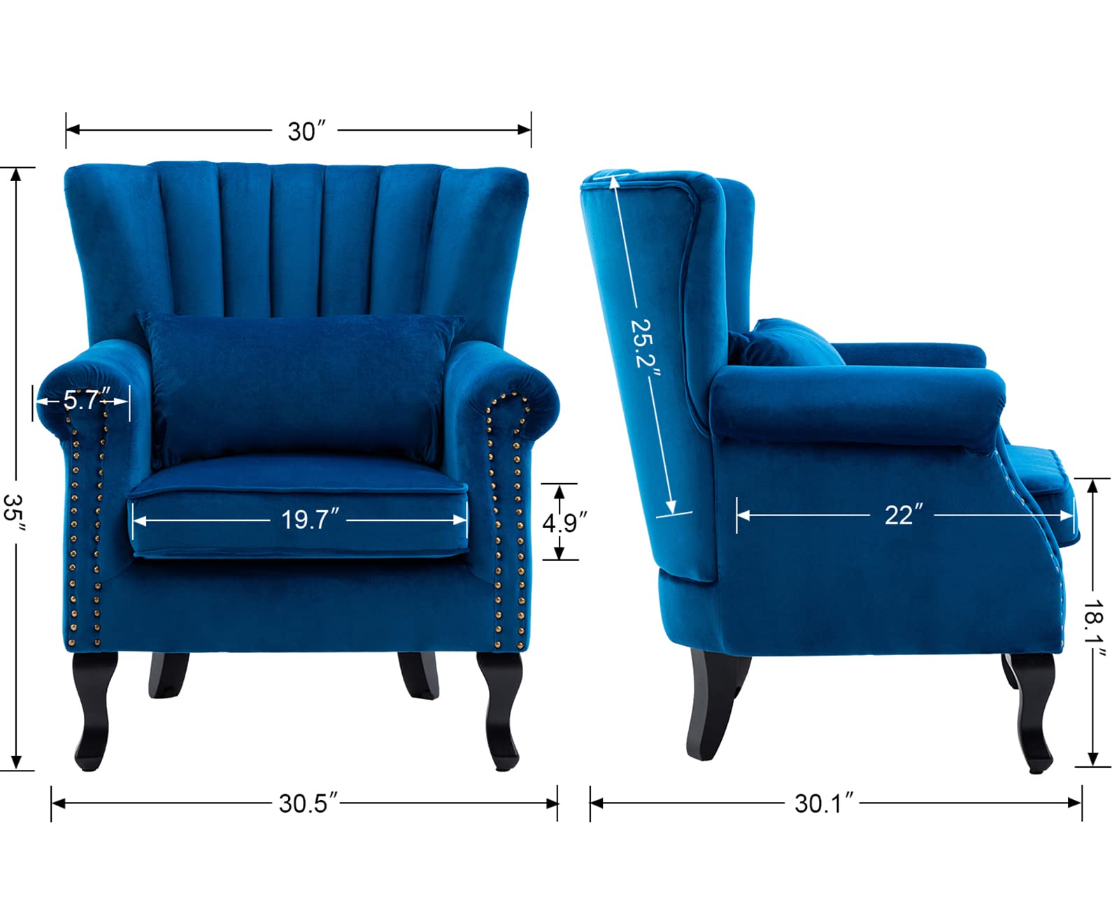 Kmax Blue Velvet Wingback Accent Chair with Pillow - Nail-Head Channel Tufted Oversized Club Chair for Living Room, Bedroom & Guest Room - Perfect for Reading Nook, Home Office & Lounge Areas