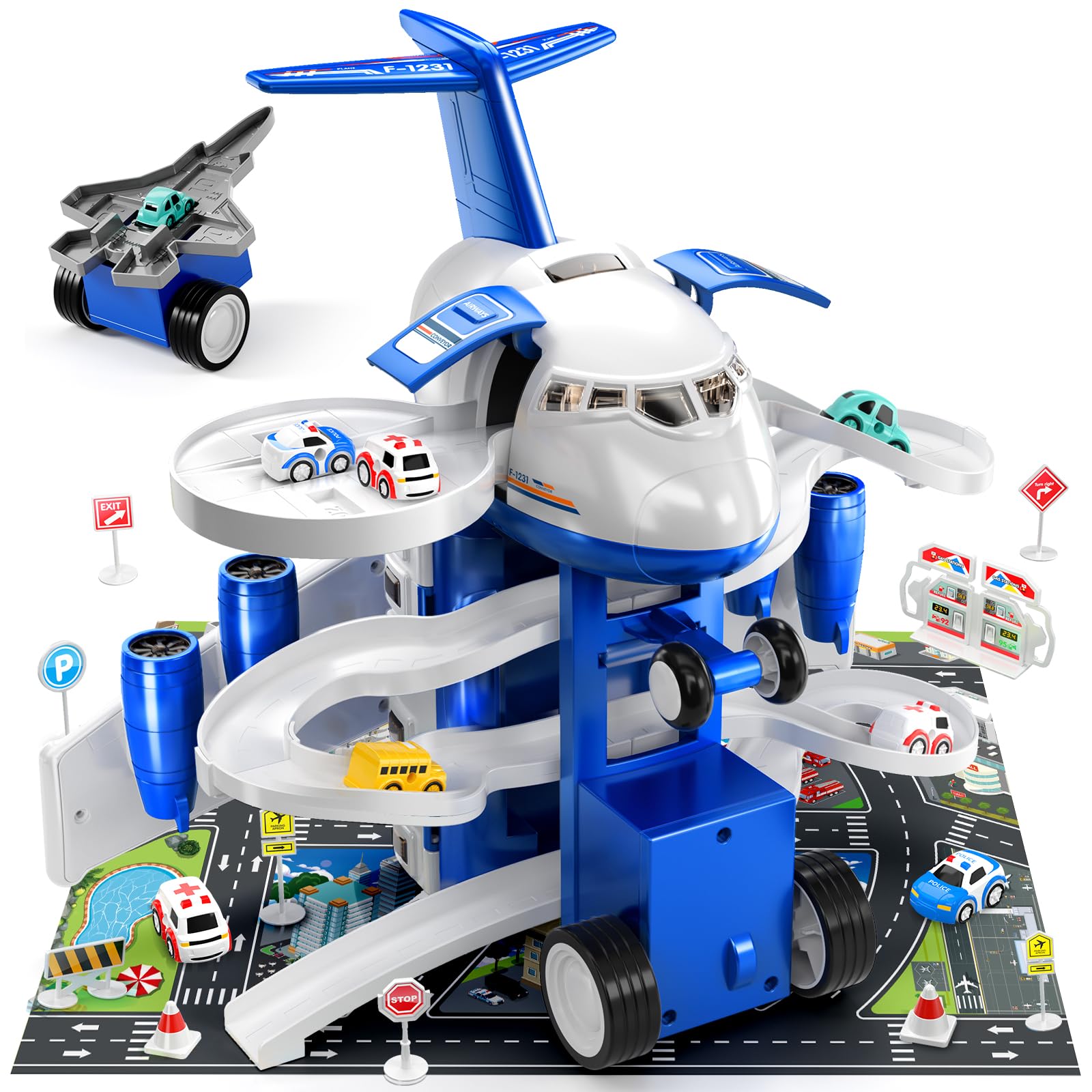 TEMI Kids Airplane & Race Car Toy Set for Boys & Girls Ages 2-7 - 8 City Vehicles with Parking Garage Playmat | STEM Learning Toy for Toddlers | Birthday Gift for 3-6 Year Olds | Perfect for Indoor Play, Preschool Learning & Adventure Imaginative Play