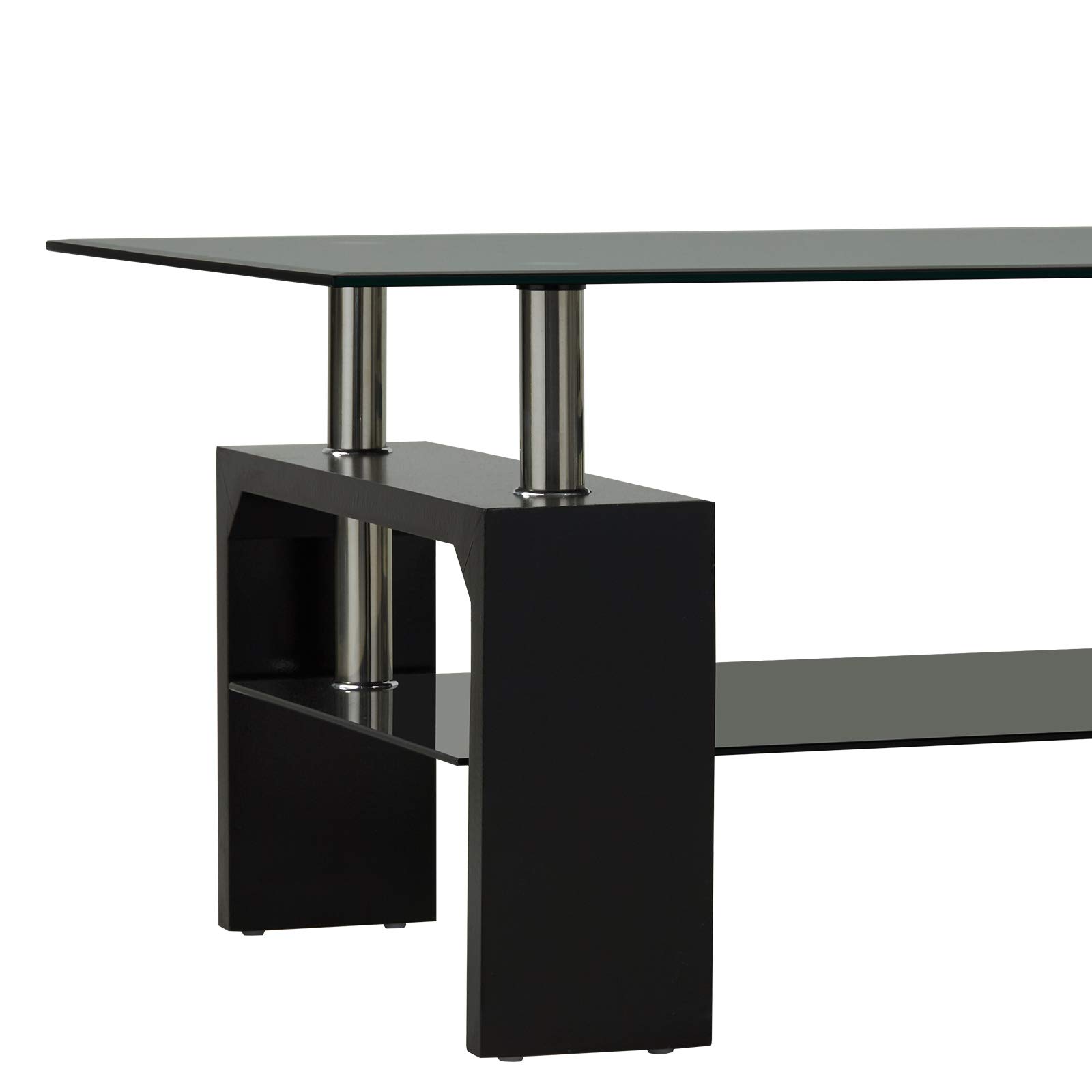 Upgraded Modern Black Glass Top Coffee Table with Storage Shelf - 43 Inch Rectangle Living Room Center Table with Wooden Legs - Perfect for Lounge, Sofa Side Table, and Home Decor