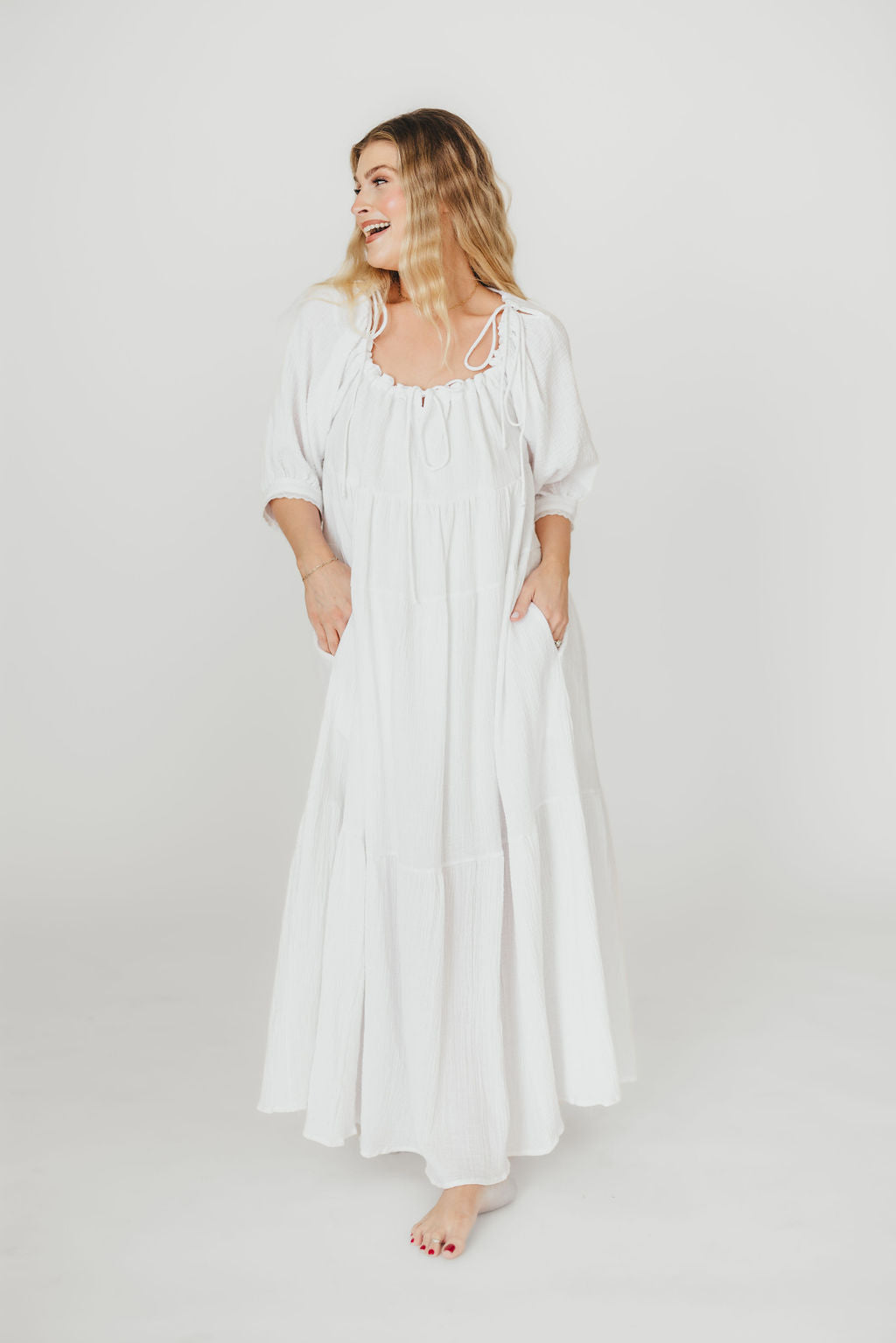 Goddess 100% Cotton Babydoll Maxi Dress - White Maternity Dress for Pregnancy, Bump Friendly, Comfortable & Flowy - Perfect for Maternity Photoshoot, Baby Shower & Summer Vacation