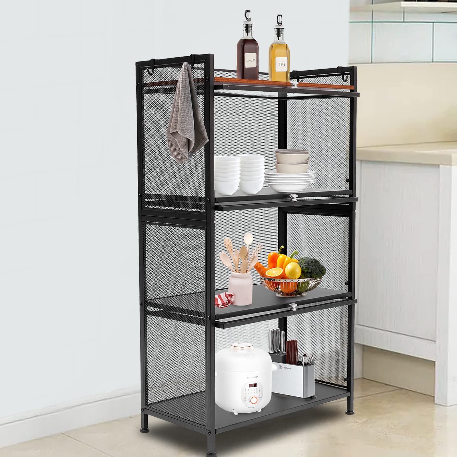 4-Tier Black Kitchen Storage Rack with Hooks - Bread Rack, Coffee Station & Microwave Organizer for Dishes, Pots & Pans - Stylish 43