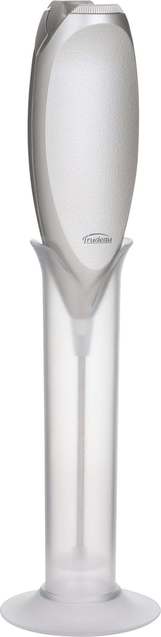 Trudeau Battery-Powered Milk Frother - 9.5 Inch Stainless Steel Handheld Whisk for Coffee, Hot Chocolate & Latte (Silver/White) - Perfect for Home, Office & Cafe Use