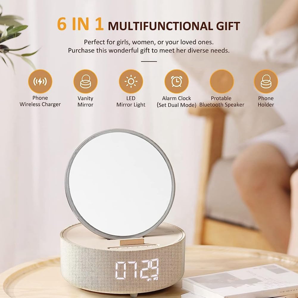 6-in-1 Wireless Charging Station with Alarm Clock, Bluetooth Speaker, Fast Qi Charger for iPhone & Android - Perfect for Bedroom, Office & Nightstand Charging