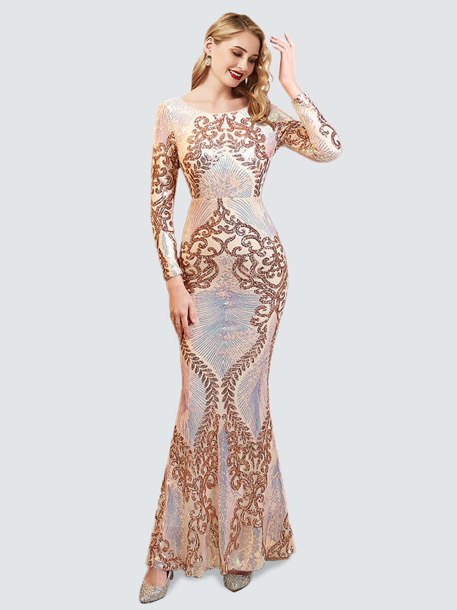 Elegant Champagne Gold Backless Long Sleeve Sequin Maxi Mermaid Evening Gown for Women - Perfect for Formal Dinners, Prom, Wedding Guest & Special Occasions