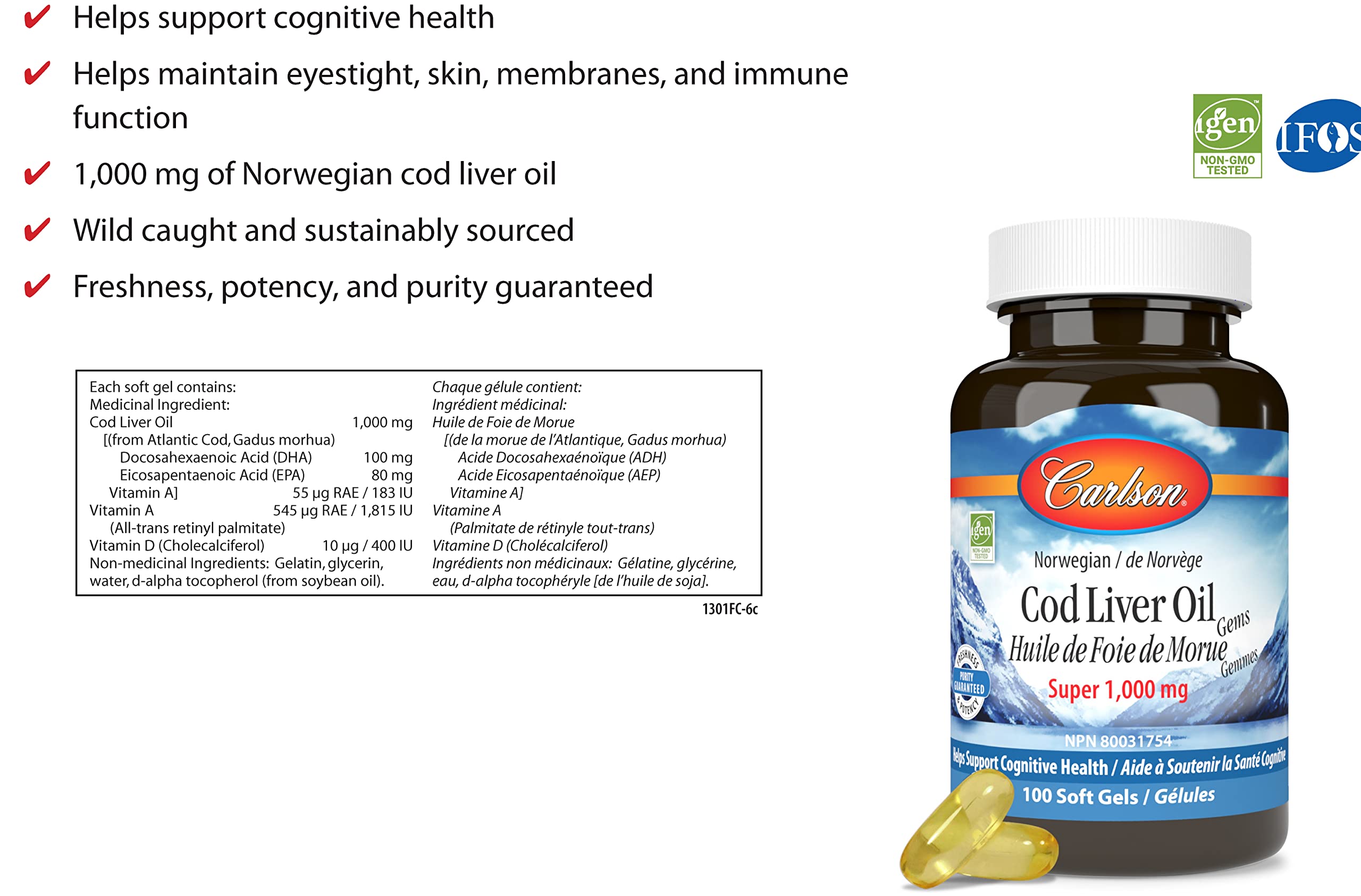 Carlson Labs Wild Norwegian Cod Liver Oil Gems 1000mg - 100 Softgels for Heart, Brain & Immune Health - Supports Joint & Bone Strength - Perfect for Daily Wellness Routine