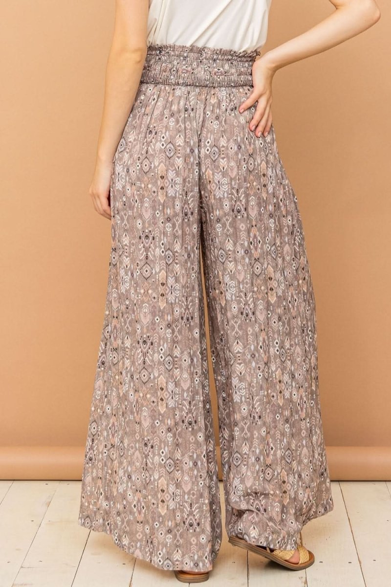 Stylish Printed Smocked Waist Wide Leg Pants with Side Slits - Trendy High Waist Palazzo Trousers for Women, Perfect for Office Wear, Casual Outings & Summer Vacations